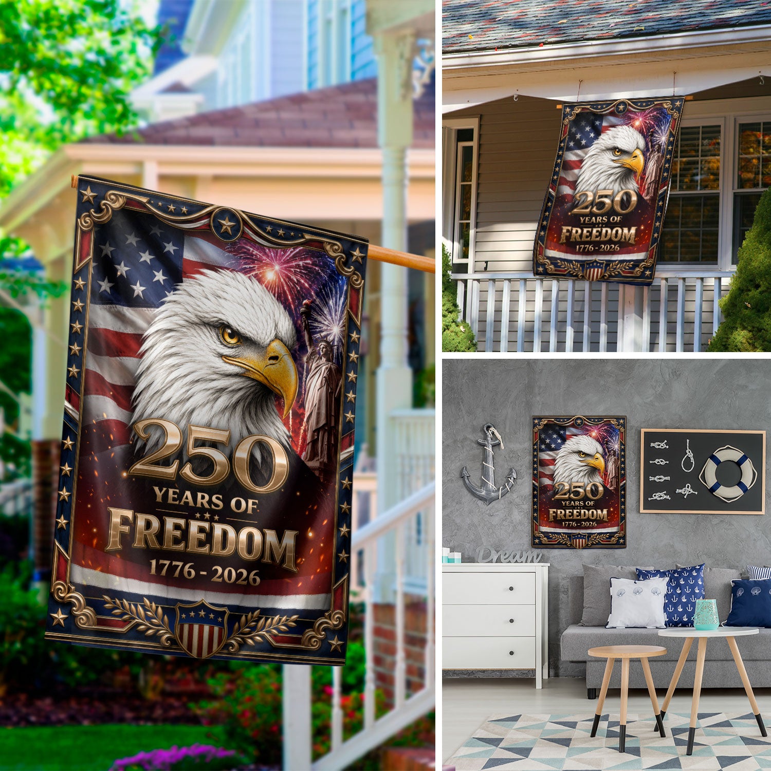Patriotic House Flag 1776-2026 Bald Eagle Freedom USA Banner Decor