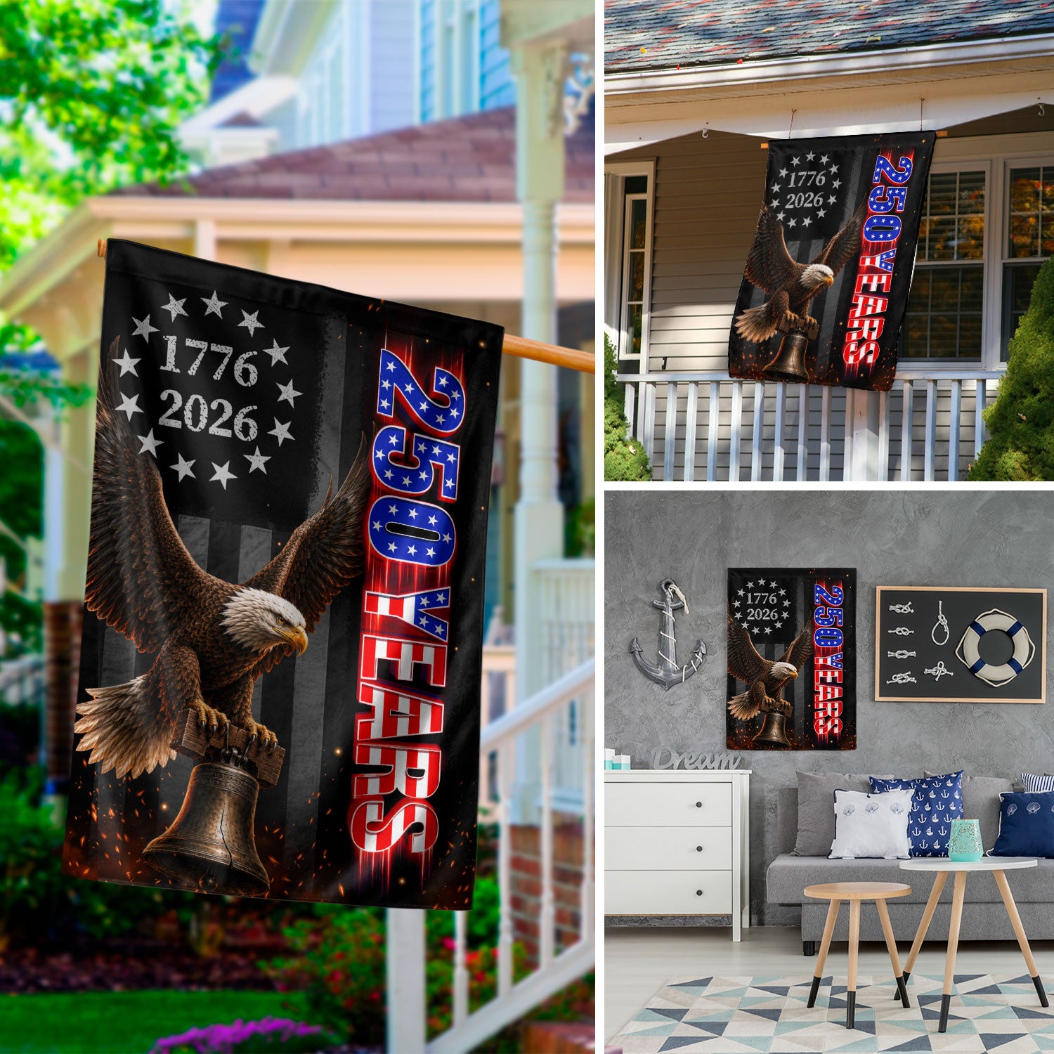 250 Years of Freedom House Flag Eagle Liberty USA Patriotic Banner