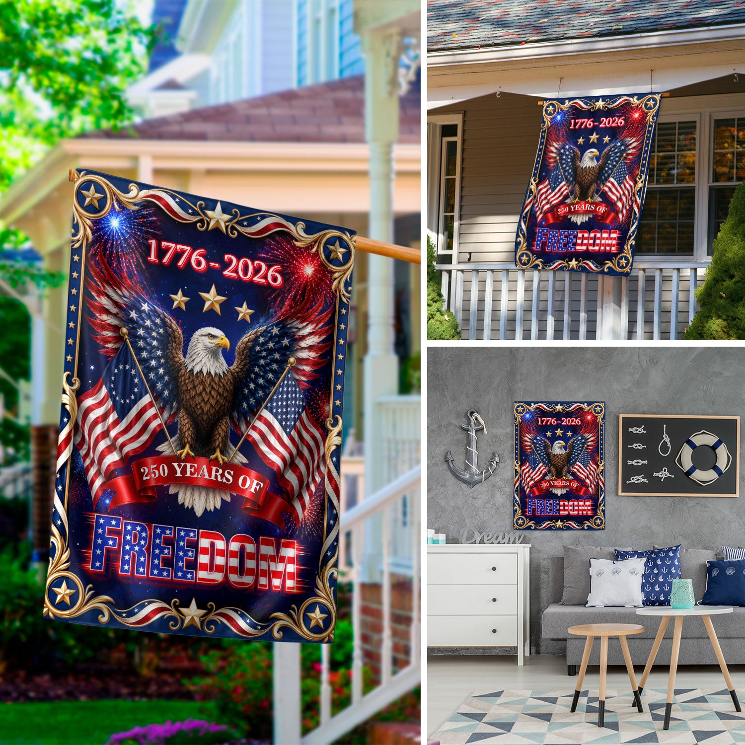 USA 250th Anniversary House Flag Bald Eagle Freedom Outdoor Decor