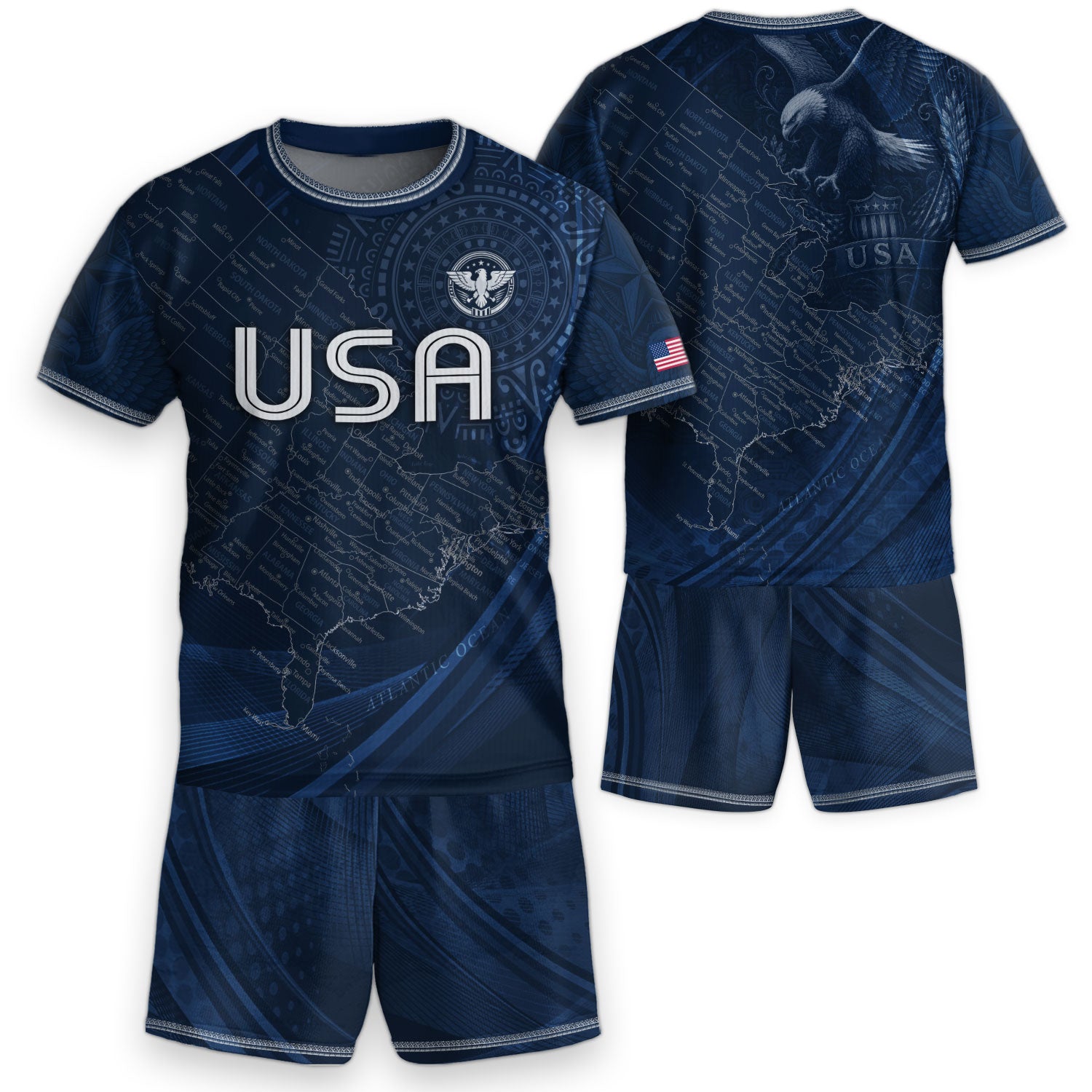 USA Kids Soccer Jersey Set Navy Blue Eagle Map Patriotic Football Outfit Kit