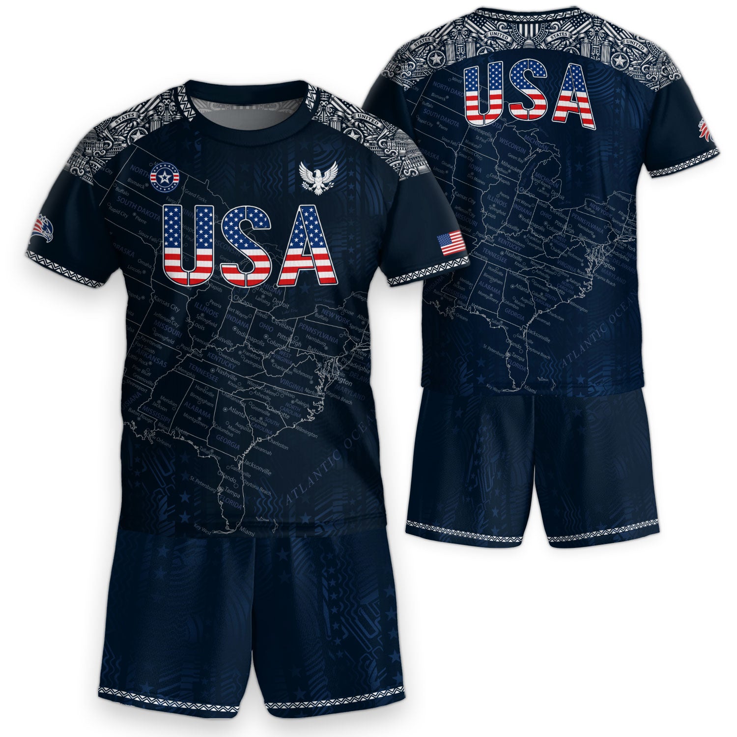 USA Kids Soccer Jersey Set Navy Blue Flag Graphic Youth Football Kit