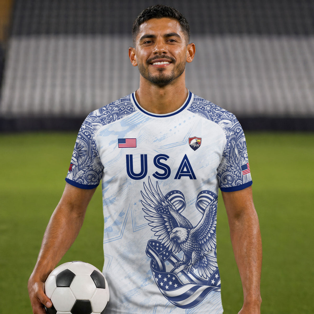 Athletic White Blue USA Soccer Jersey Adult Patriotic Eagle United States Team Shirt - Rust Field Wear