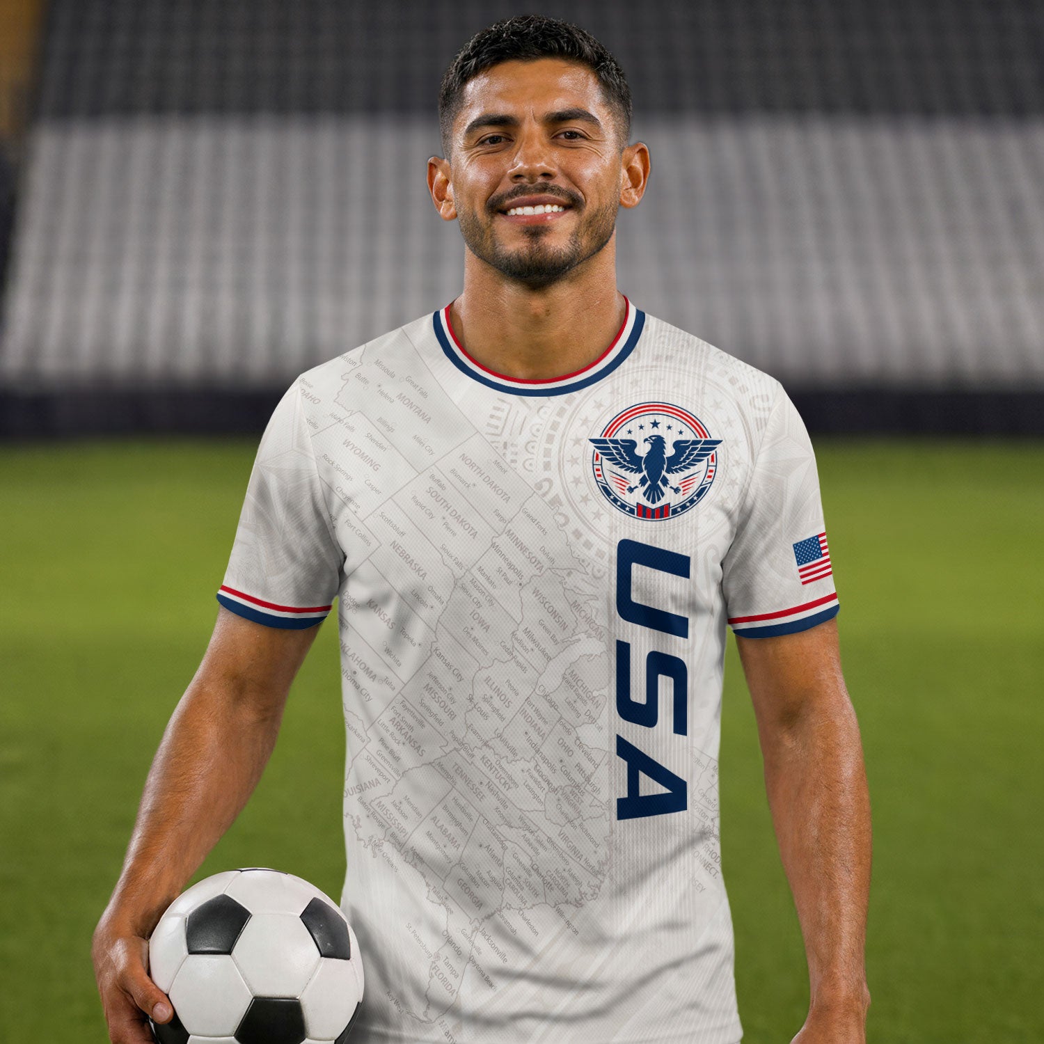 USA Soccer Jersey White US Map American Flag Shirt Patriotic Eagle Soccer Fan Tee