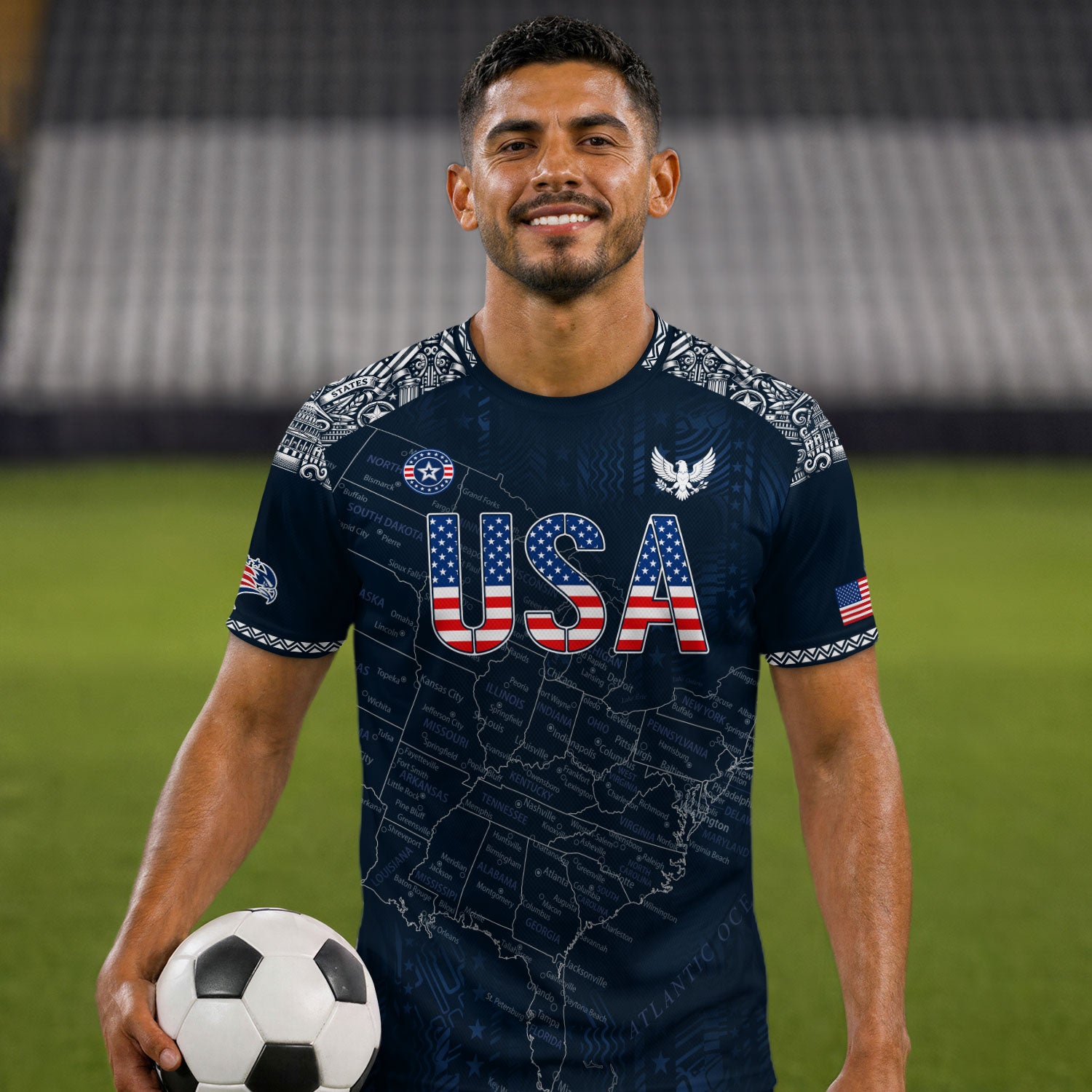 Navy USA Soccer Jersey Flag Pattern US Map American Shirt Patriotic Stars Stripes