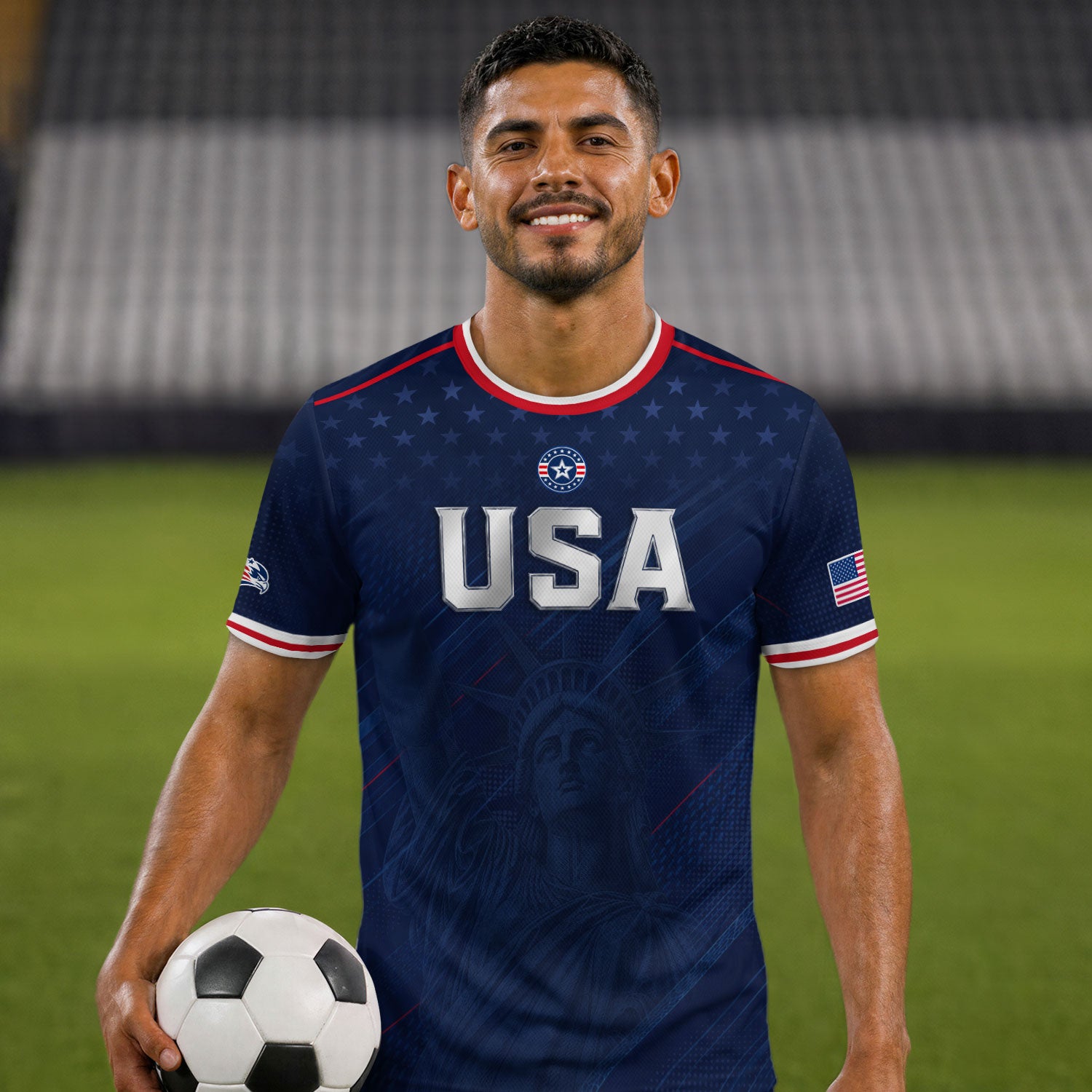 Navy USA Soccer Jersey Men Patriotic United States Football Shirt Silver USA Text Gift