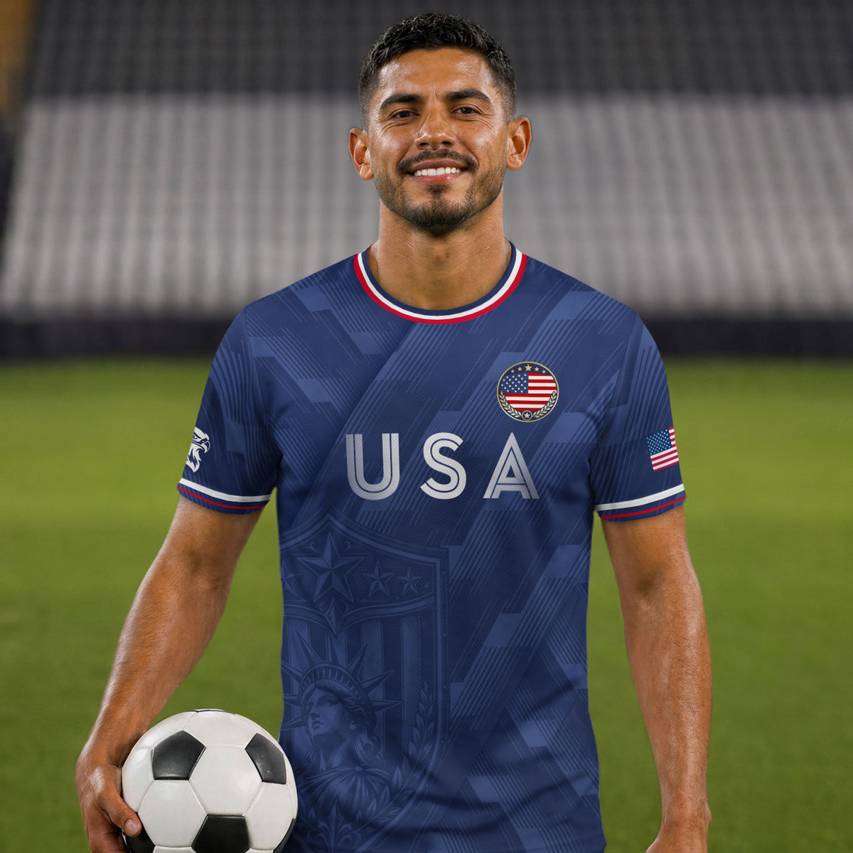 Navy Blue USA Soccer Jersey Patriotic Eagle Graphic Football Shirt for Men American Pride Sports Fan Apparel - Rust Field Wear