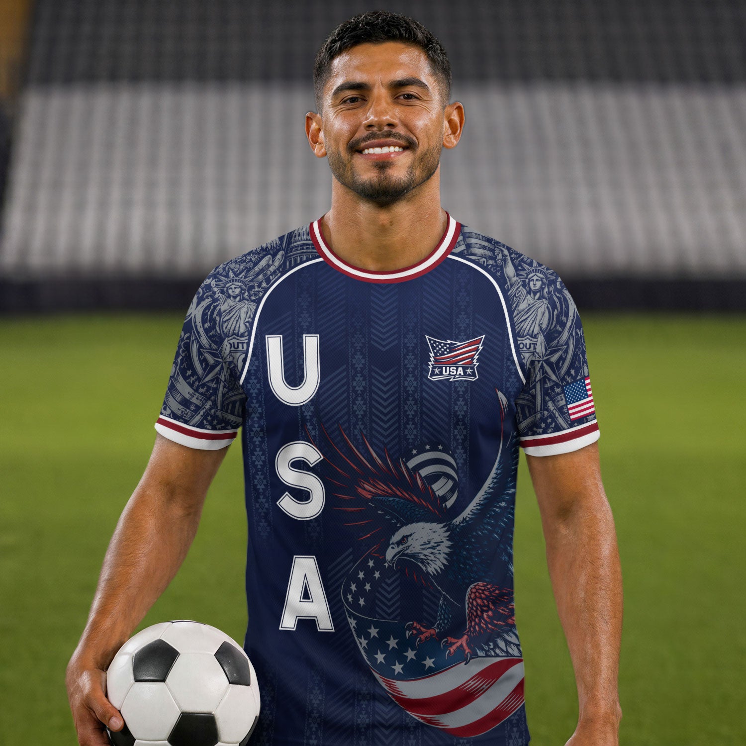 Navy Blue USA Soccer Jersey Bald Eagle Football Shirt Patriotic American Flag Sports Fan Apparel for Men
