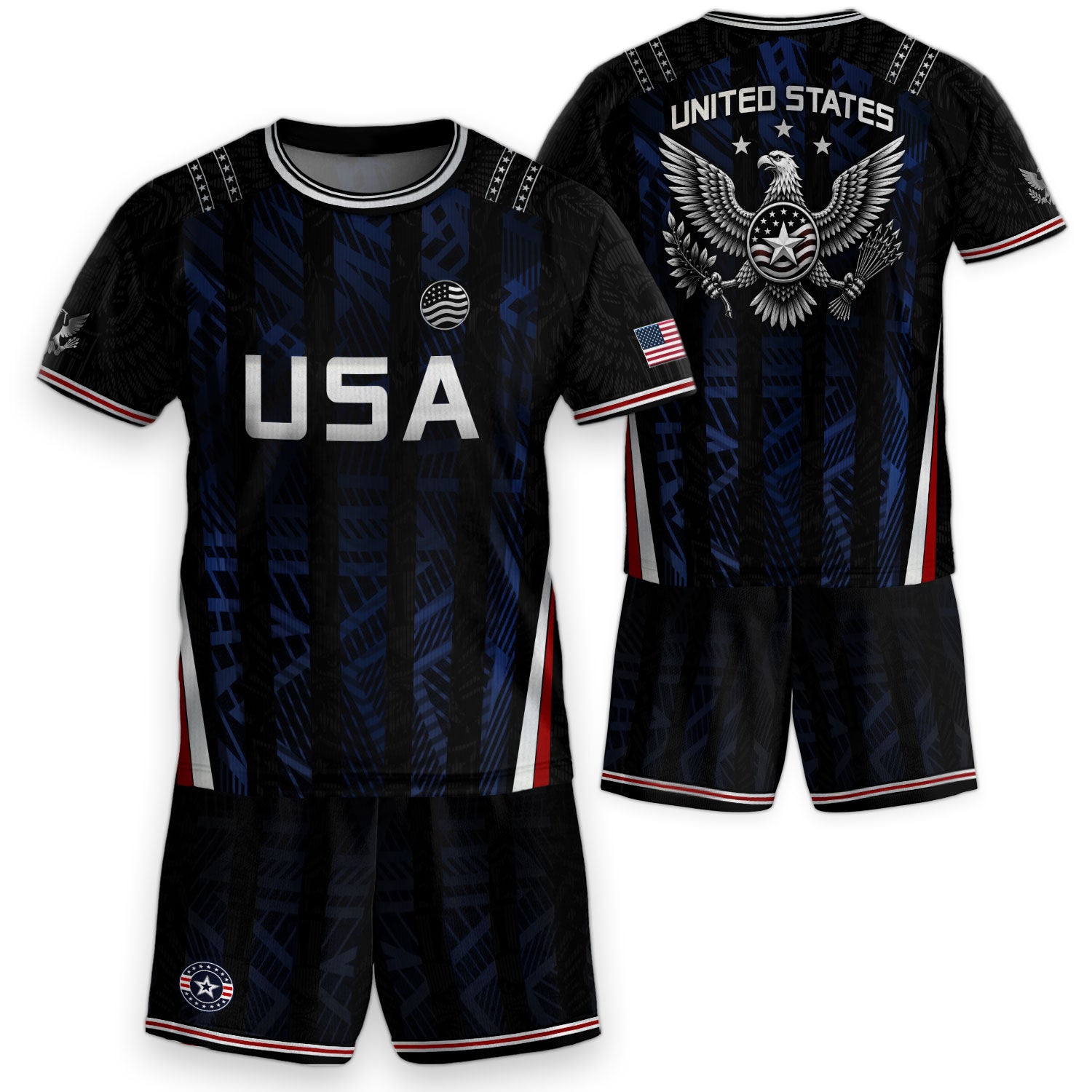 USA Kids Soccer Jersey Set Black Navy Eagle Crest Youth Football Kit