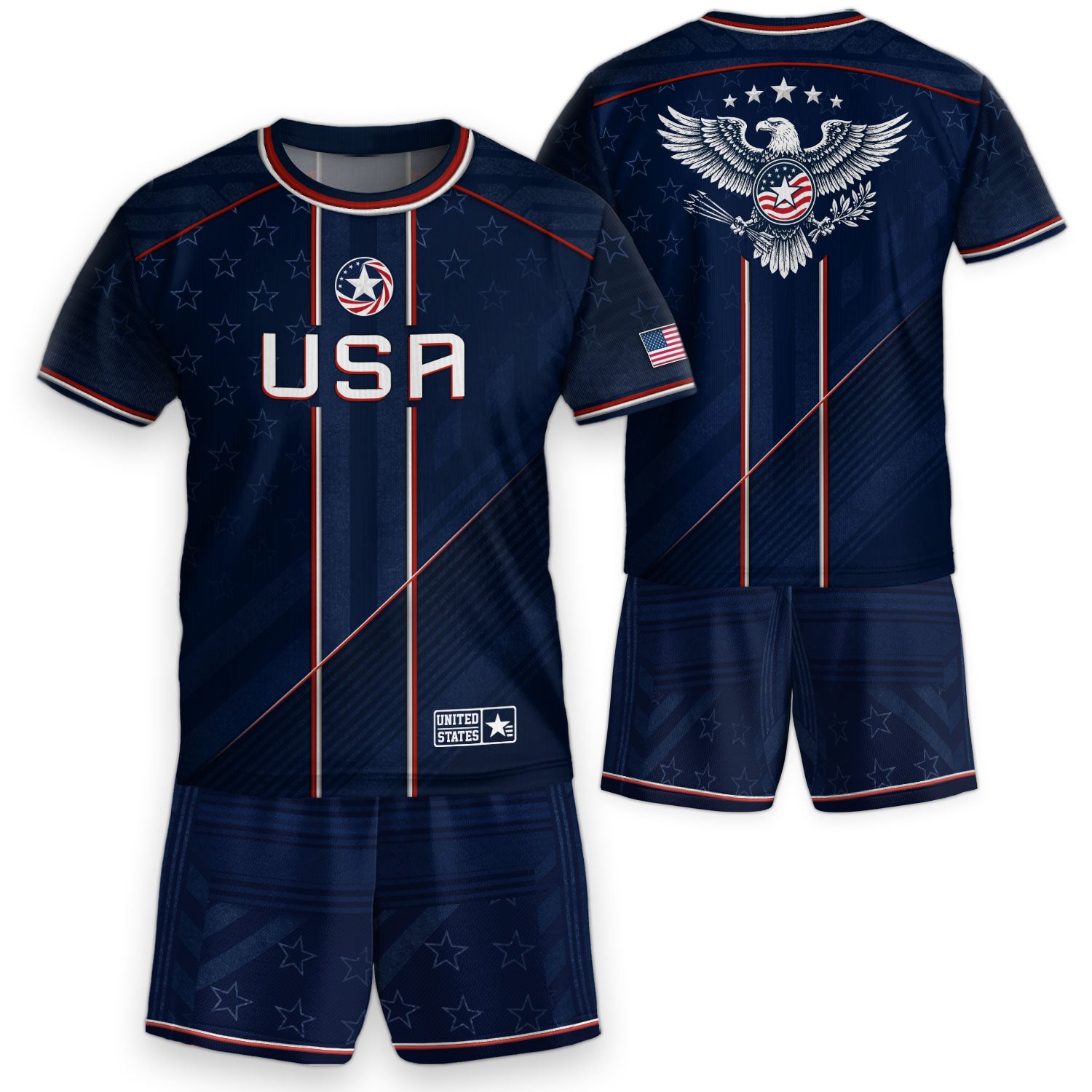 USA Kids Soccer Jersey Set Navy Blue Red Line Youth Football Outfit