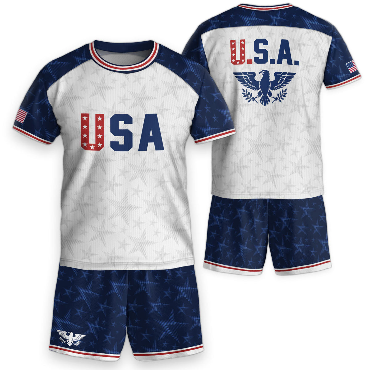 USA Kids Soccer Jersey Youth White Blue Raglan Patriotic Stars Eagle Football Shirt - Rust Field Wear