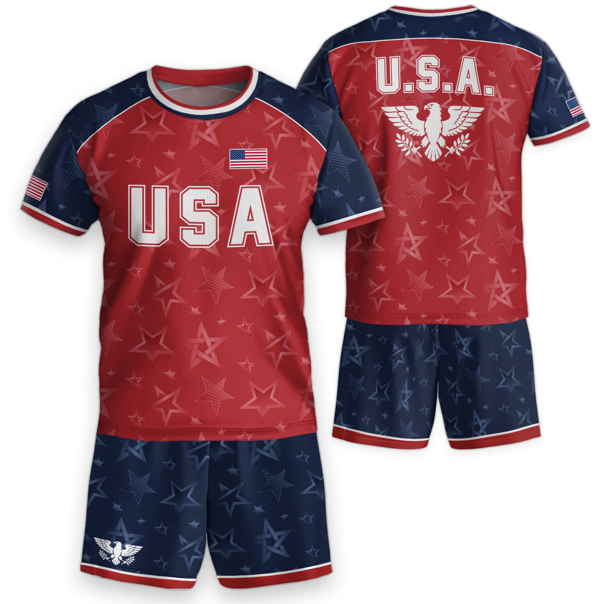 USA Kids Soccer Jersey Youth Red Blue Raglan Patriotic Stars Eagle Football Shirt - Rust Field Wear