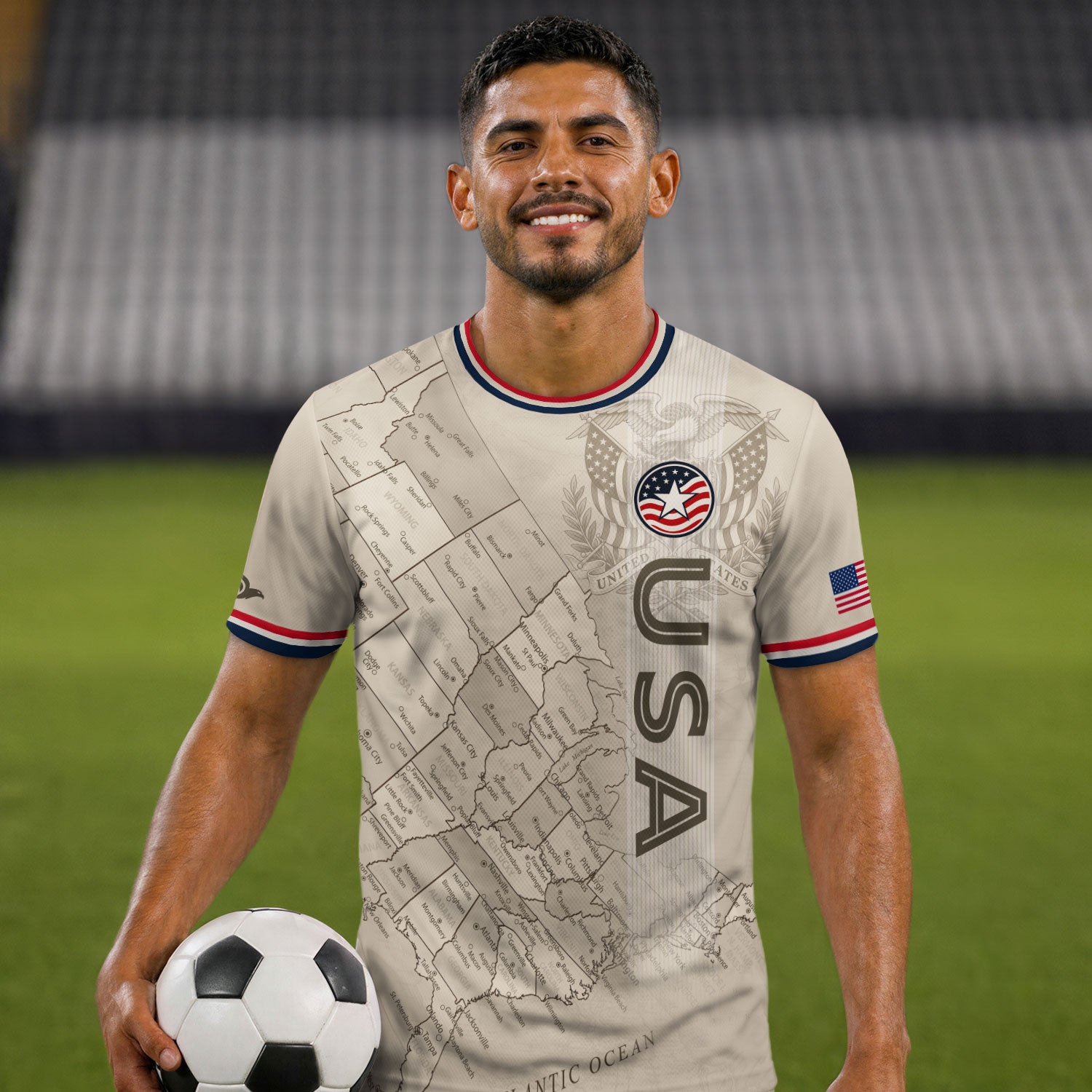 USA Soccer Jersey Navy Vintage US Map American Flag Shirt Patriotic Beige Soccer Fan