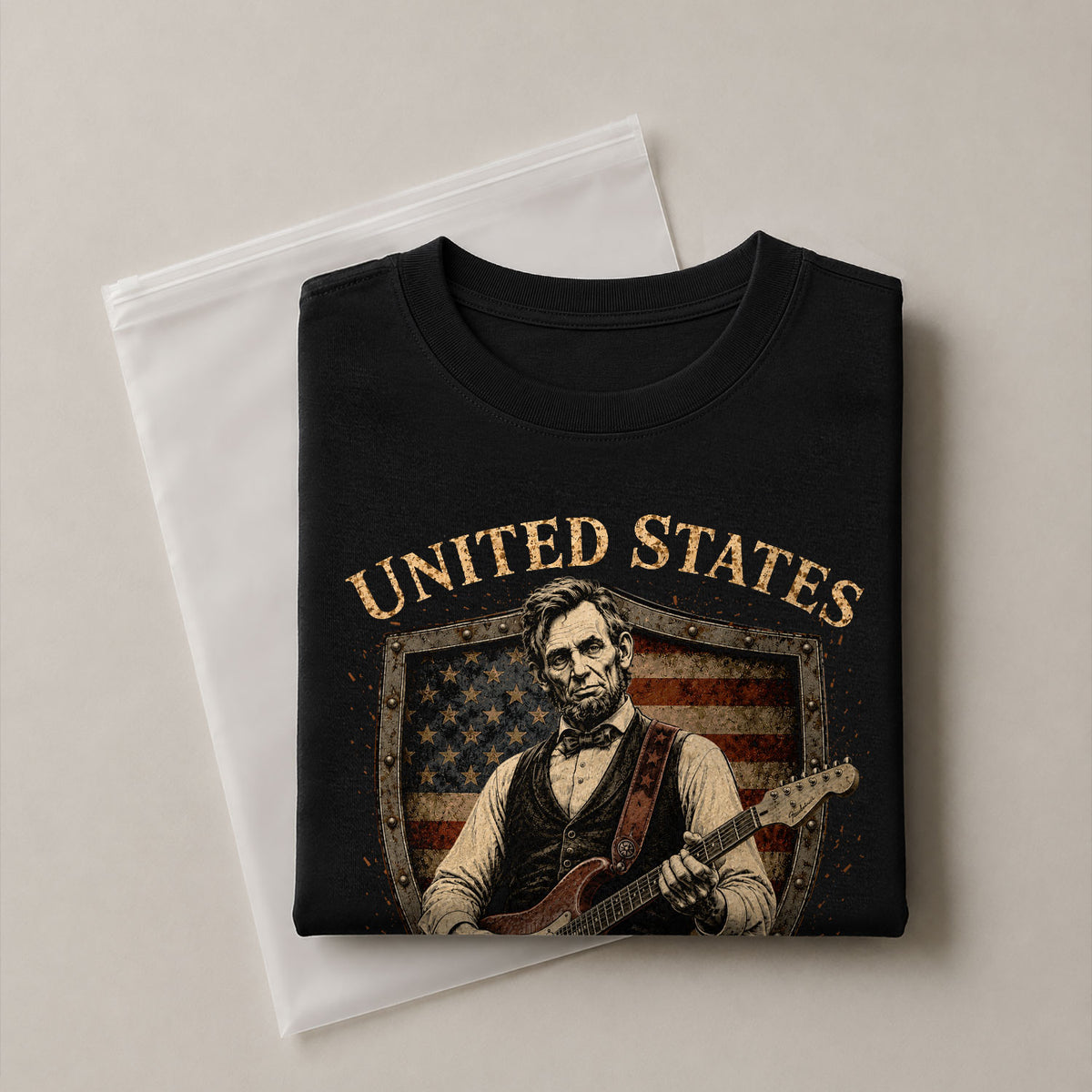 T-Shirt Kid Shield Abraham Lincoln Guitar 1776-2026 America 250 Years Patriotic Tee - Rust Field Wear