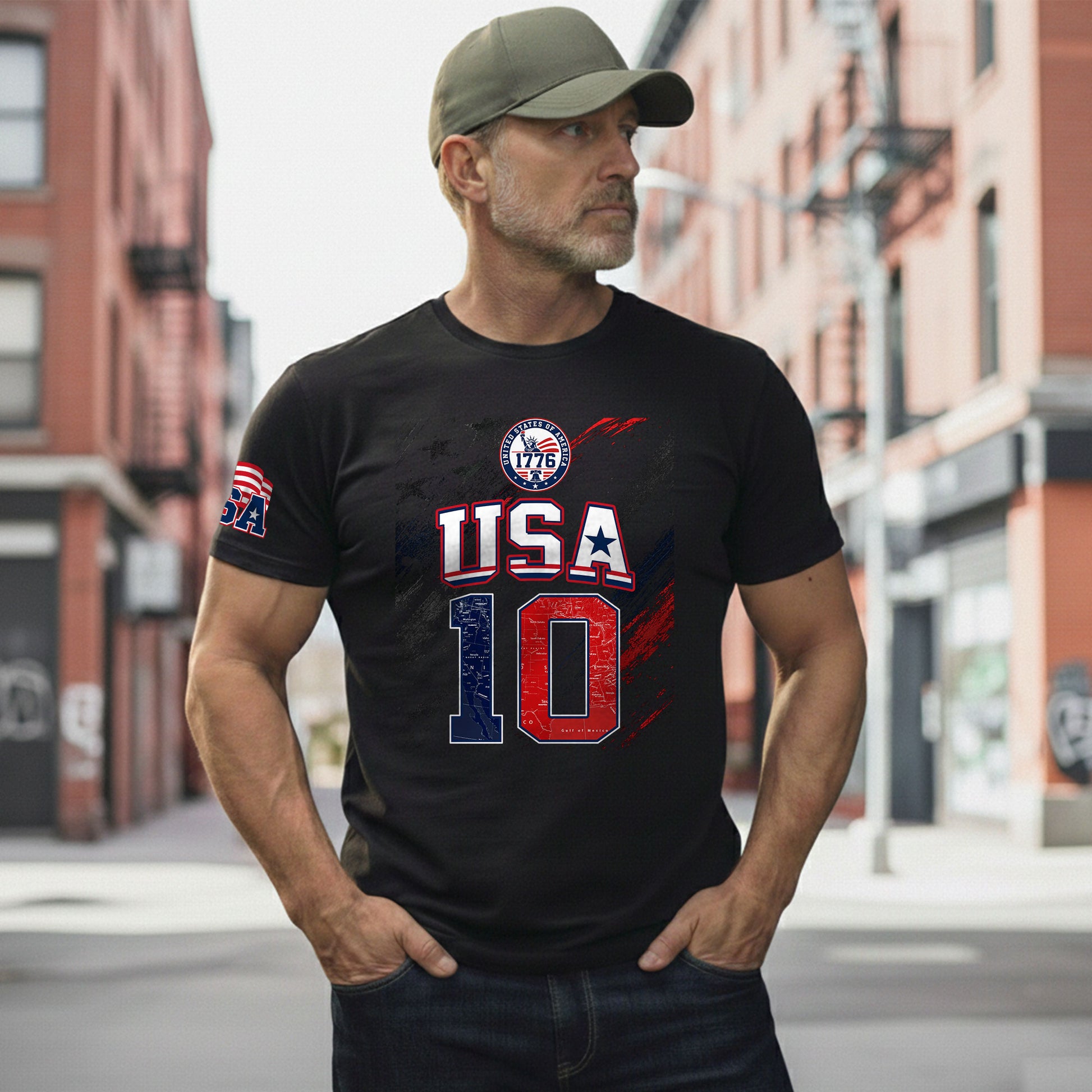 USA 1776 Sport Graphic Tee Patriotic Number 10 Map Design Casual Short Sleeve Shirt - Rust Field Wear