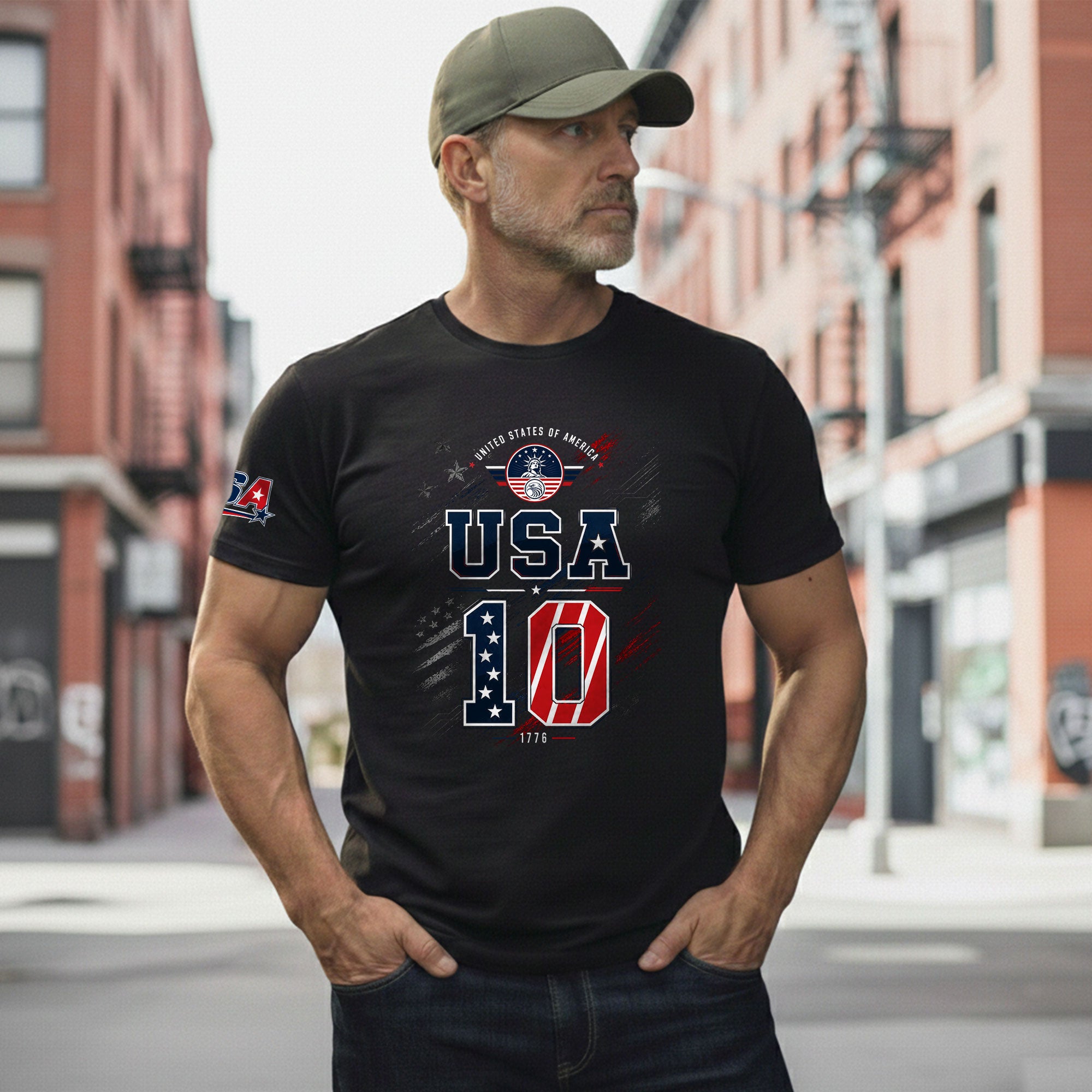 USA 1776 Sport Shirt Patriotic Number 10 Design American Heritage Graphic Tee Top - Rust Field Wear