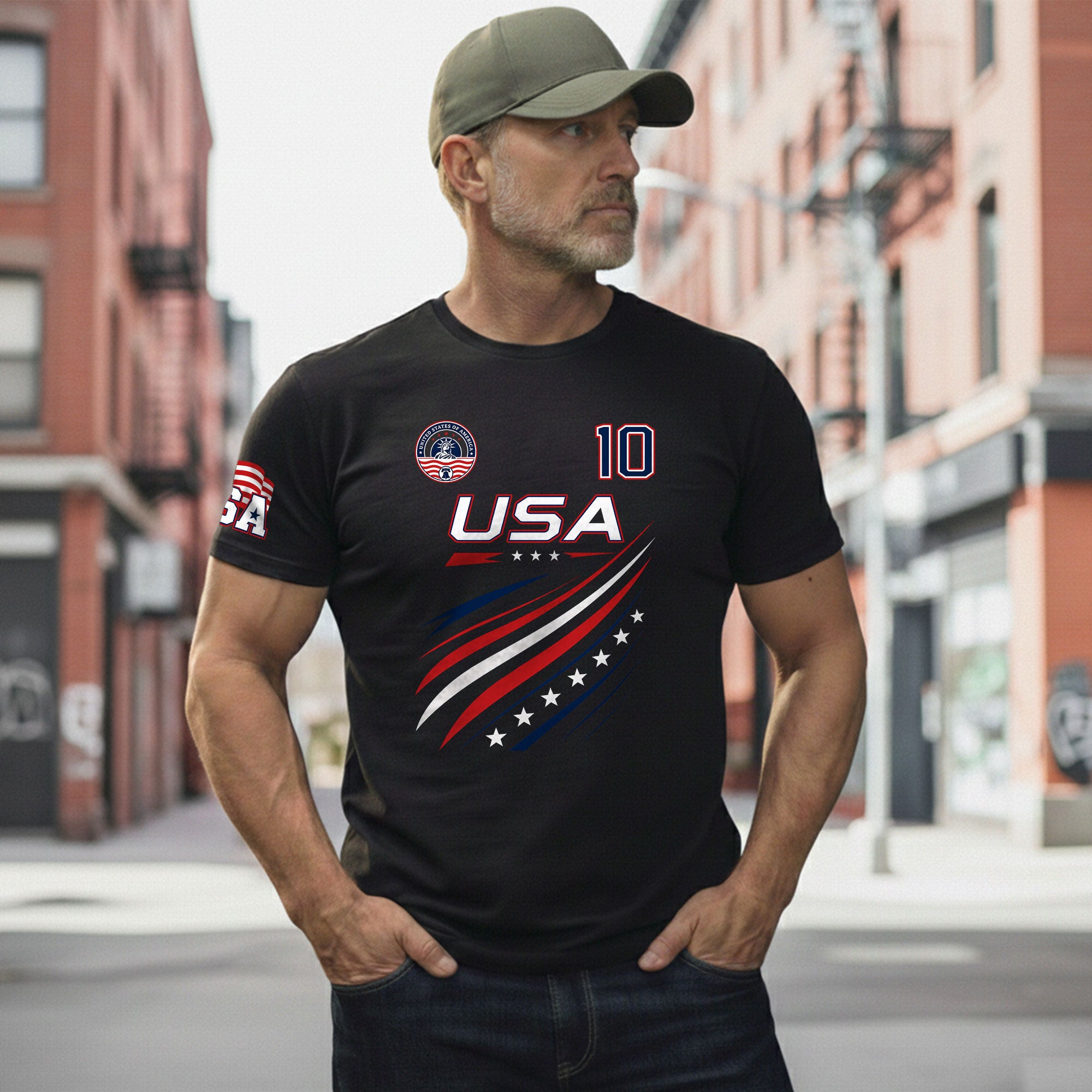 Patriotic USA Sport Graphic T Shirt Number 10 Flag Inspired Casual Mens Fashion - Rust Field Wear