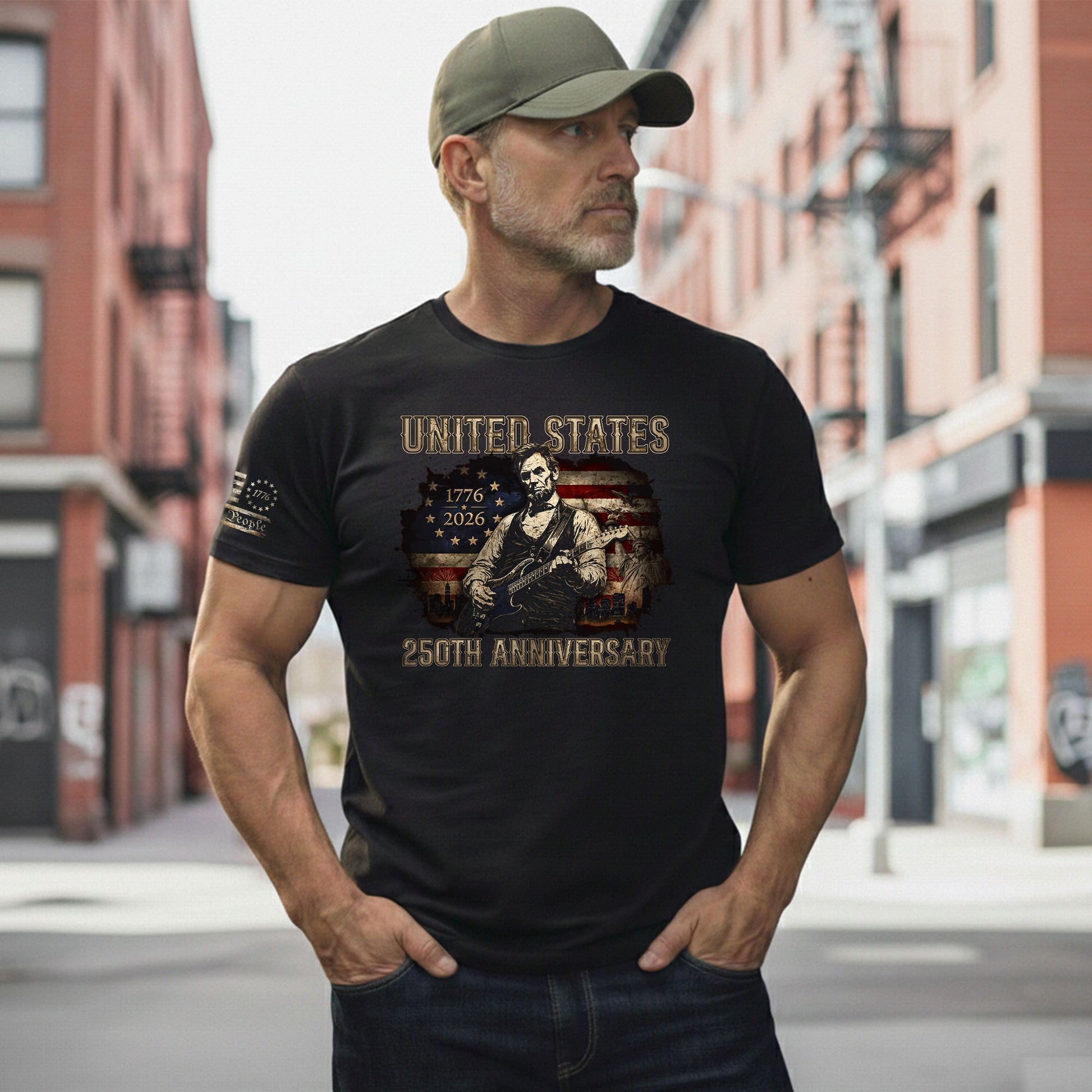 Abraham Lincoln T-Shirt Playing Guitar 1776 2026 Patriotic US Flag 250th Anniversary - Rust Field Wear