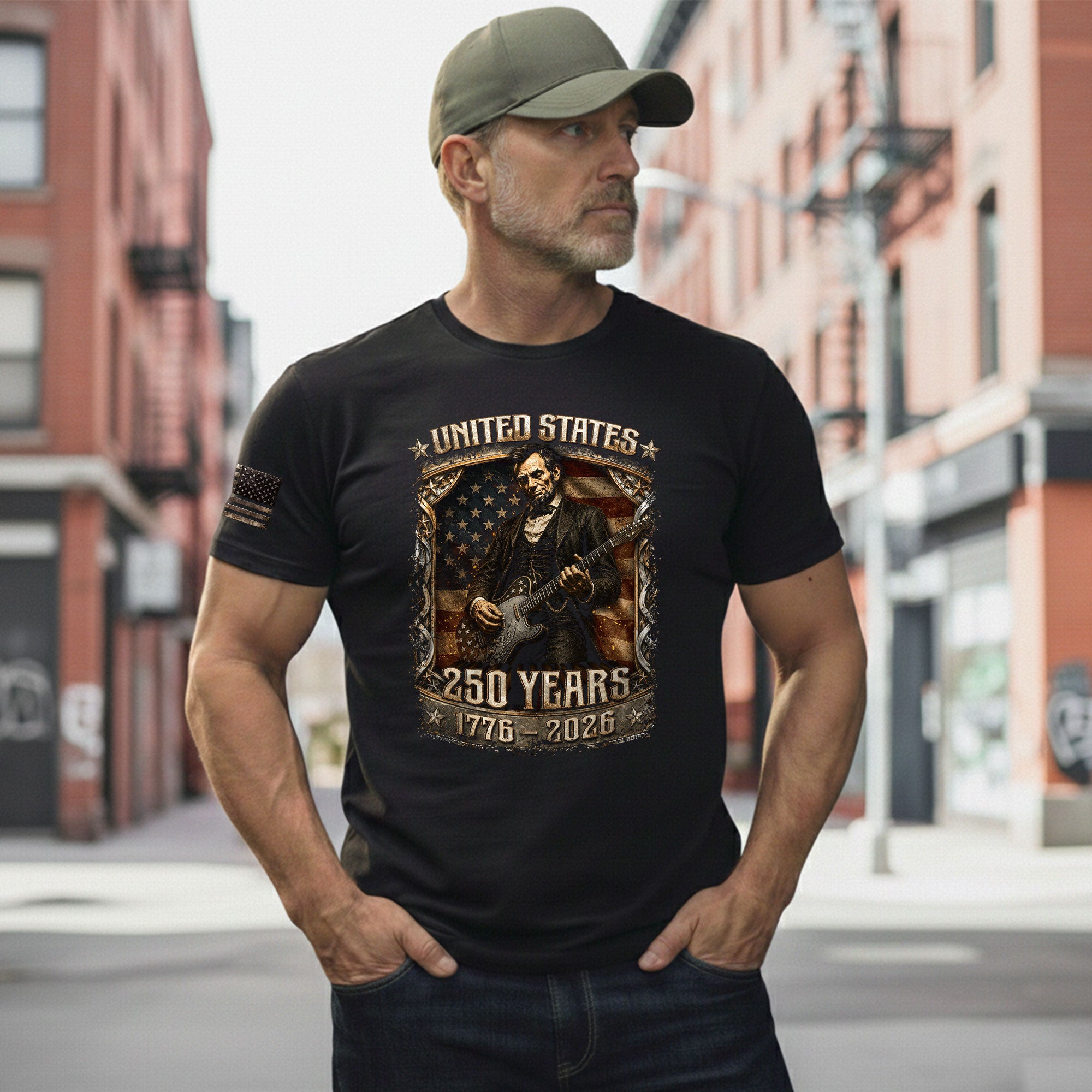 Abraham Lincoln T-Shirt Playing Guitar 1776 2026 Patriotic US Flag Retro Graphic Tee - Rust Field Wear