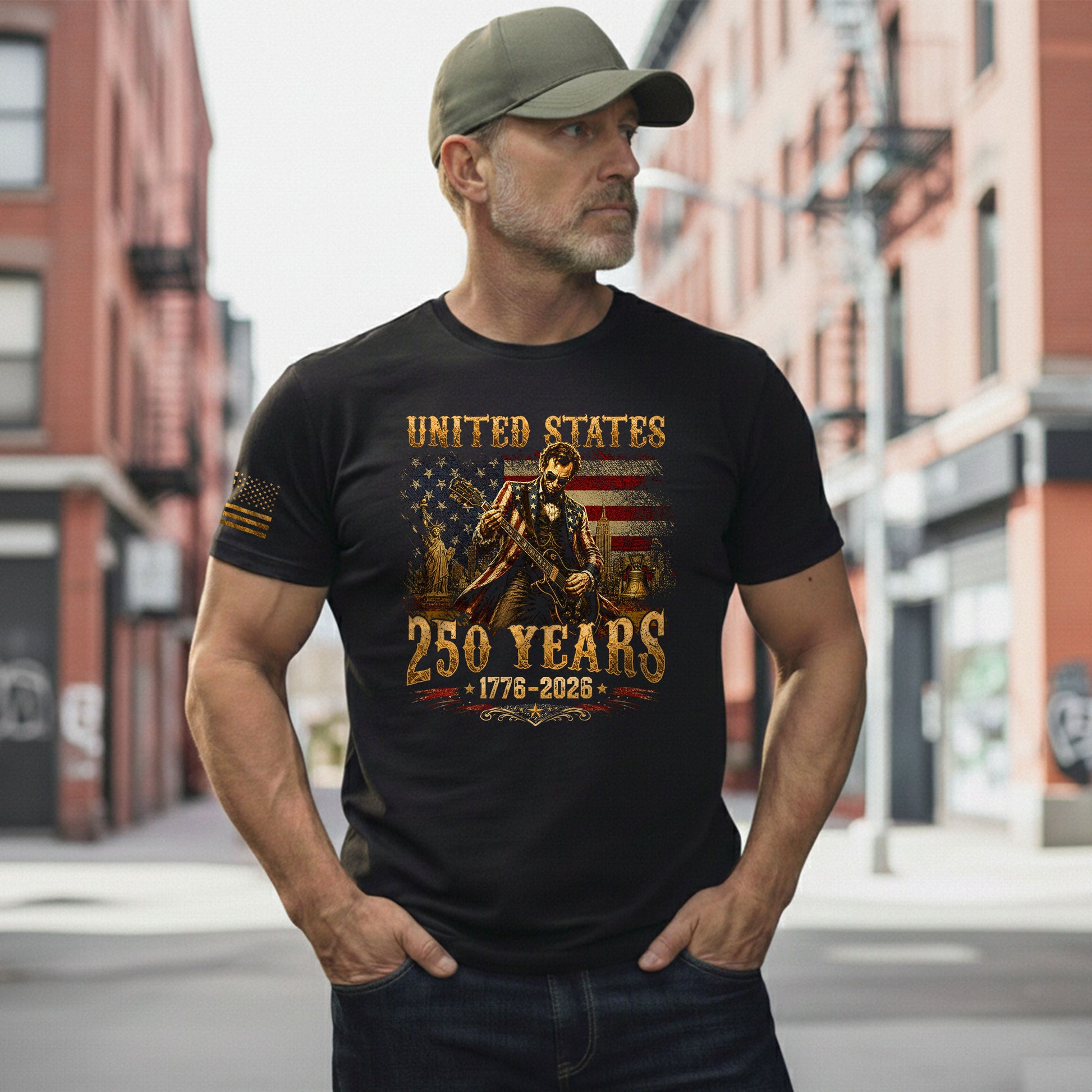 Abraham Lincoln T-Shirt Playing Guitar 1776 2026 Patriotic Statue Liberty Graphic Tee - Rust Field Wear