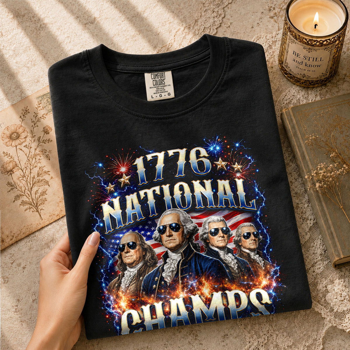 Classic 1776 National Champs Patriotic Graphic T Shirt Vintage Style Cotton Tee Top - Rust Field Wear