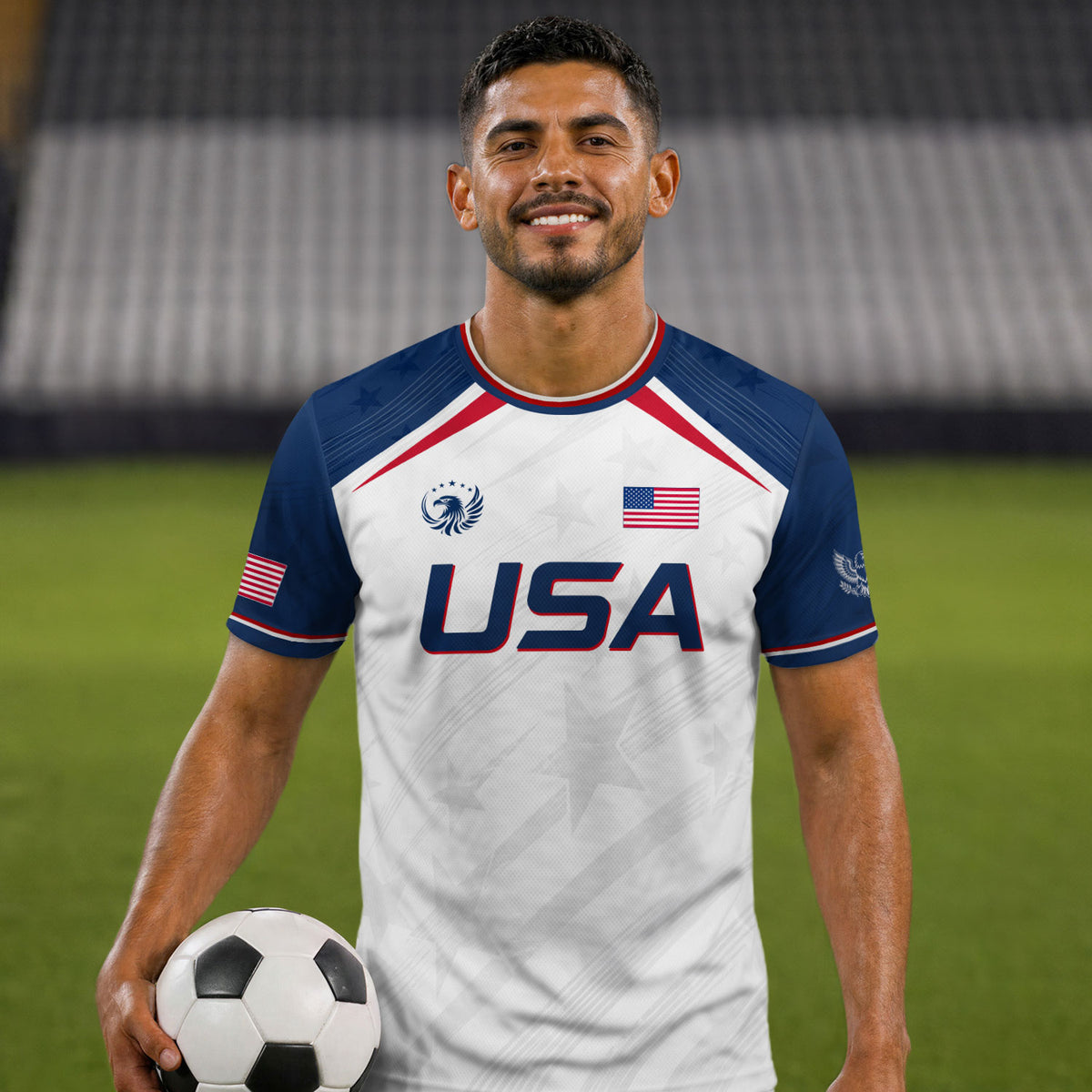 USA Soccer Jersey Adult White Navy Patriotic Diagonal Stripe Shirt United States Tee - Rust Field Wear