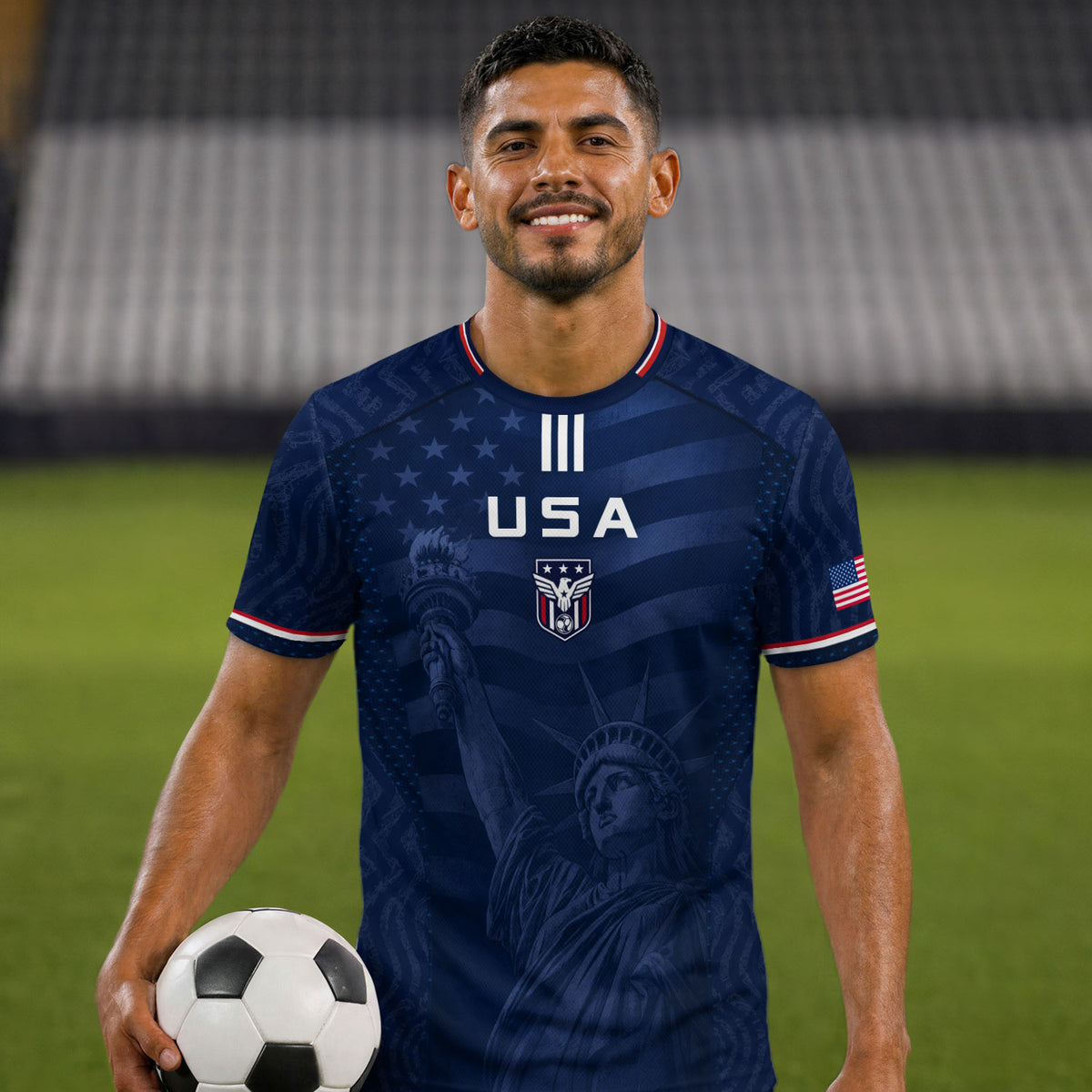 Adult USA Soccer Jersey Navy Patriotic Statue of Liberty Artistic Graphic Football Tee upsale - Rust Field Wear