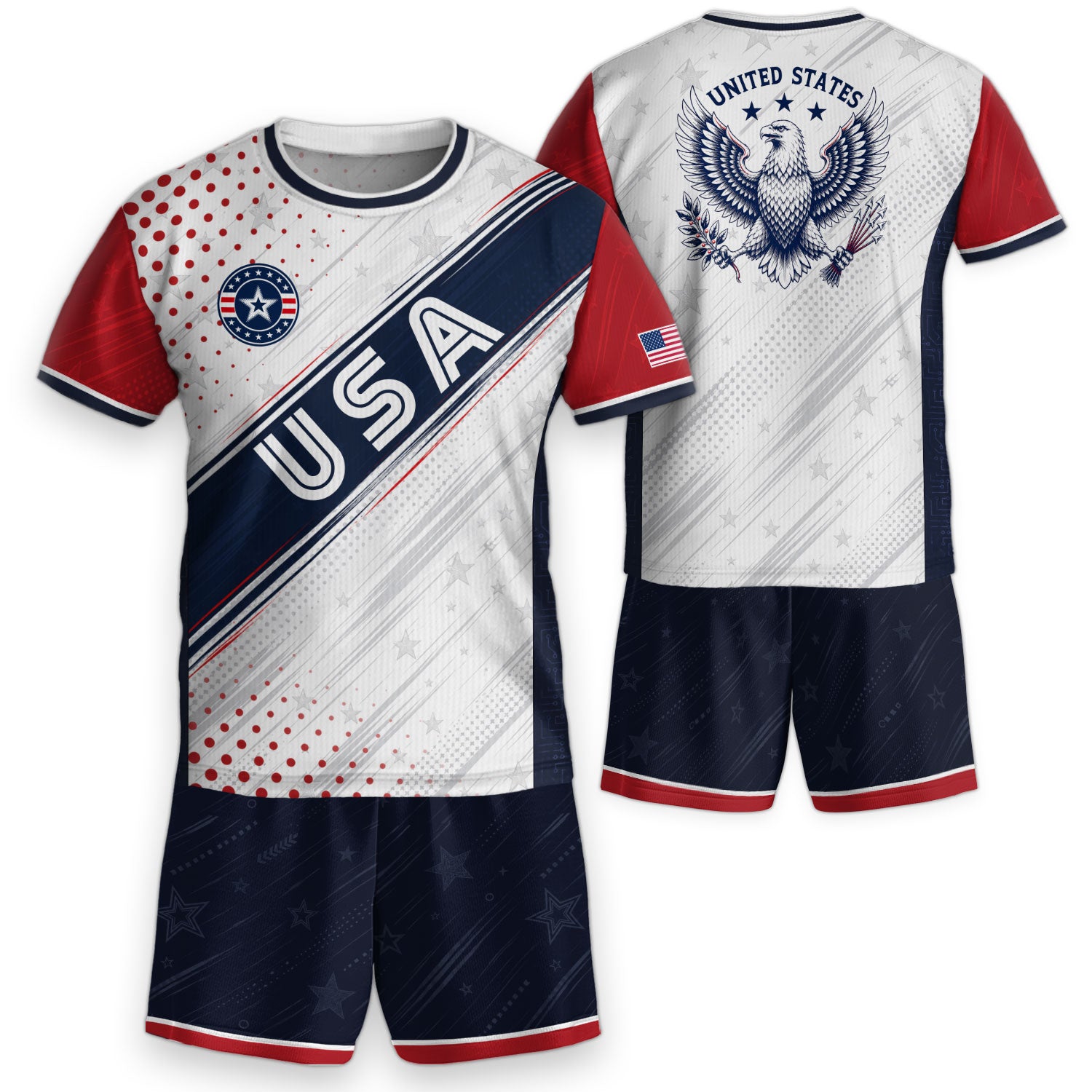 Kids USA Soccer Jersey Youth Patriotic White Navy Diagonal Sash Polka Dot Sport Shirt
