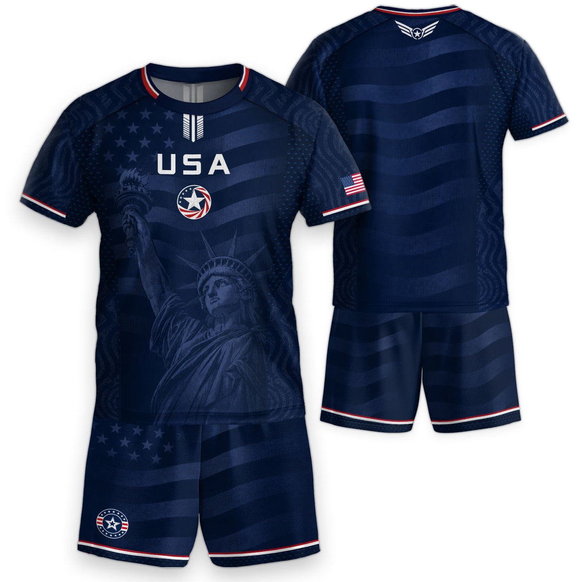 Kids USA Soccer Jersey Youth Patriotic Navy Statue of Liberty Graphic United States Tee - Rust Field Wear