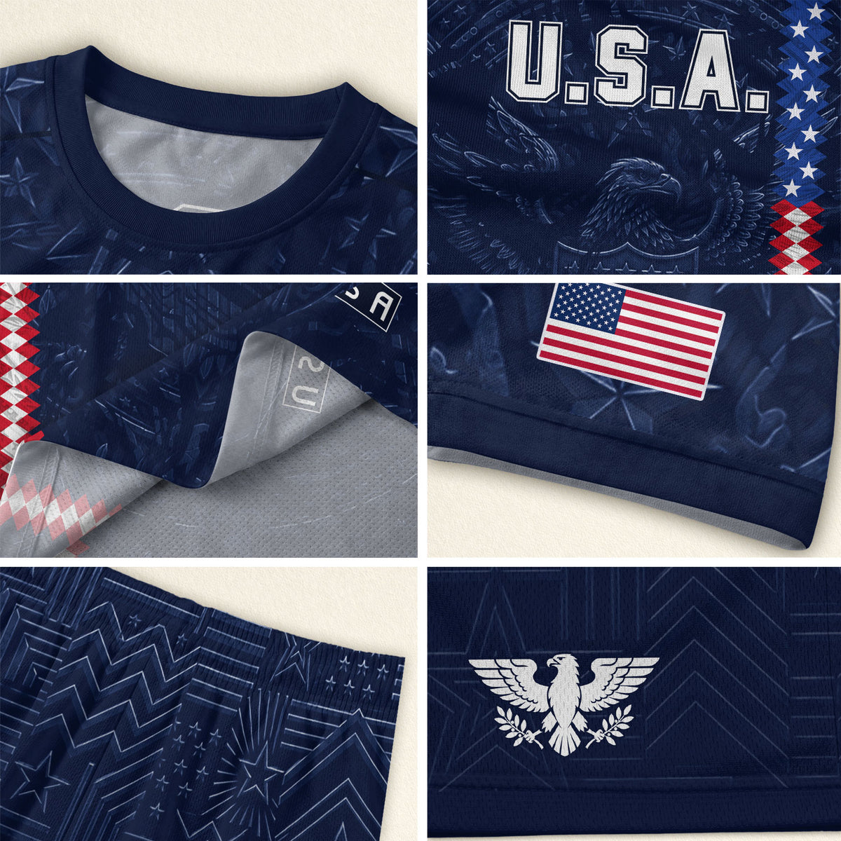 USA Soccer Jersey Men Navy Blue Eagle Flag Pattern Patriotic Football Shirt