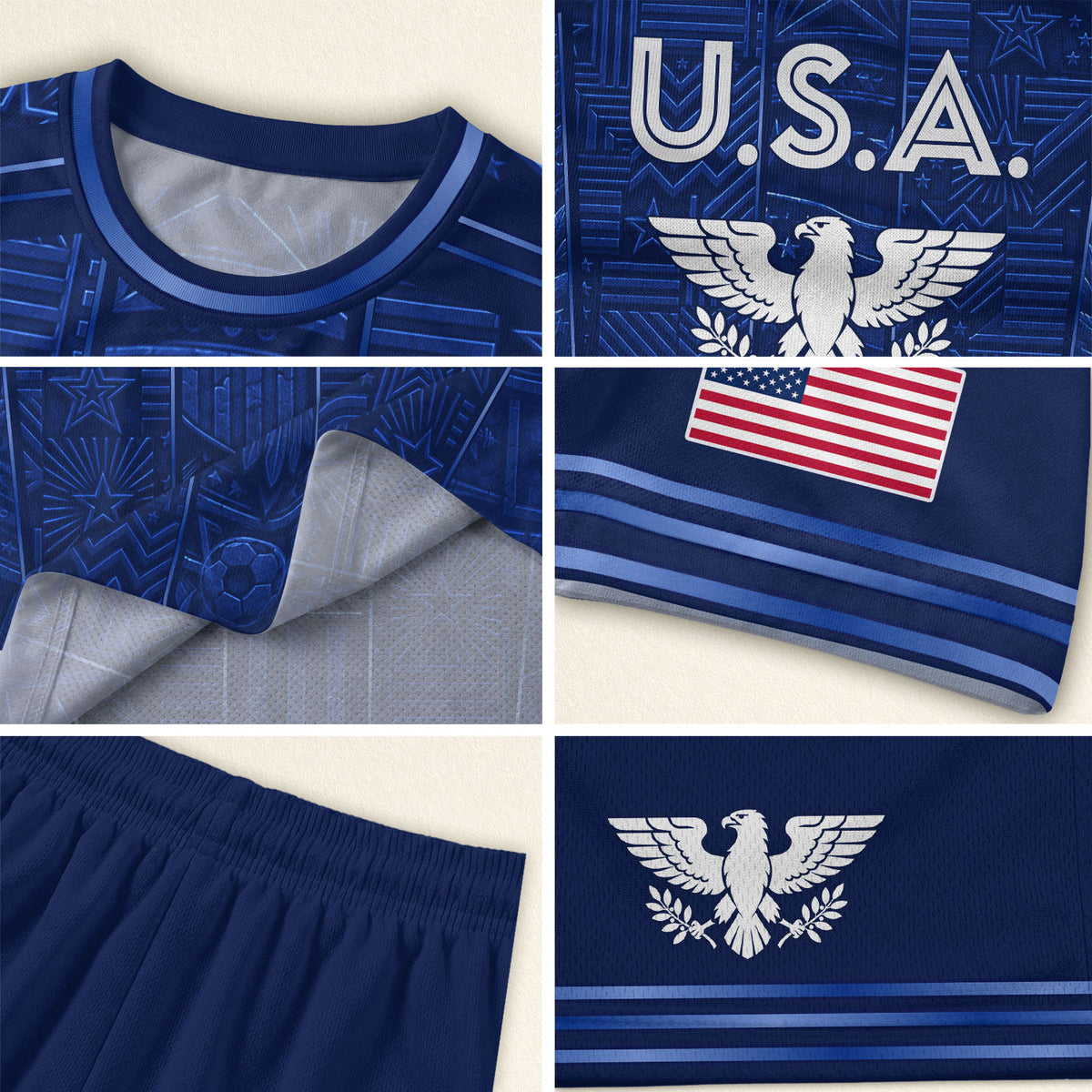 USA Soccer Jersey Men Navy Blue Eagle Star Pattern Patriotic Football T-Shirt