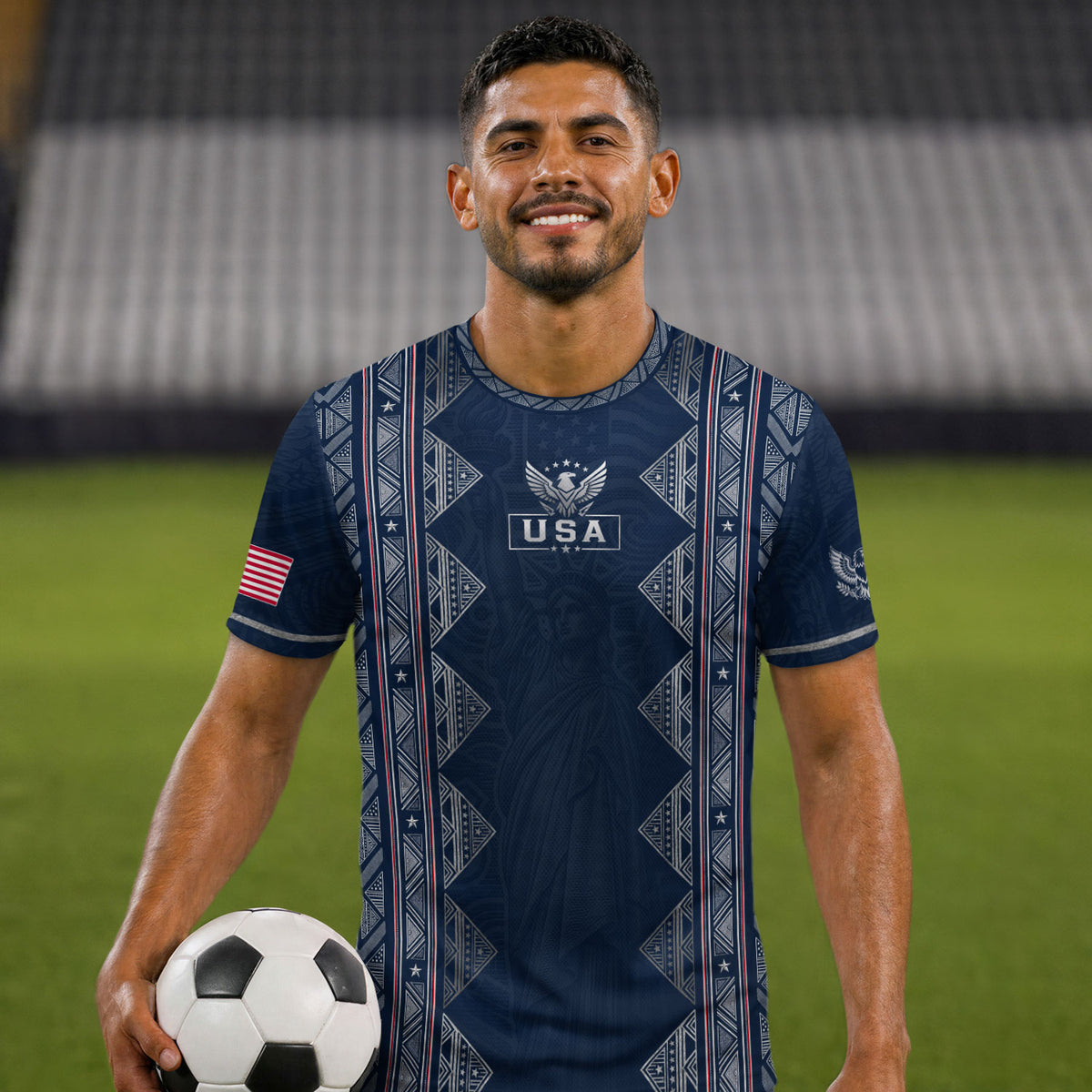 Adult Soccer Jersey Blue Patriotic Design - Iconic Statue of Liberty Sport Graphic Tee - Rust Field Wear