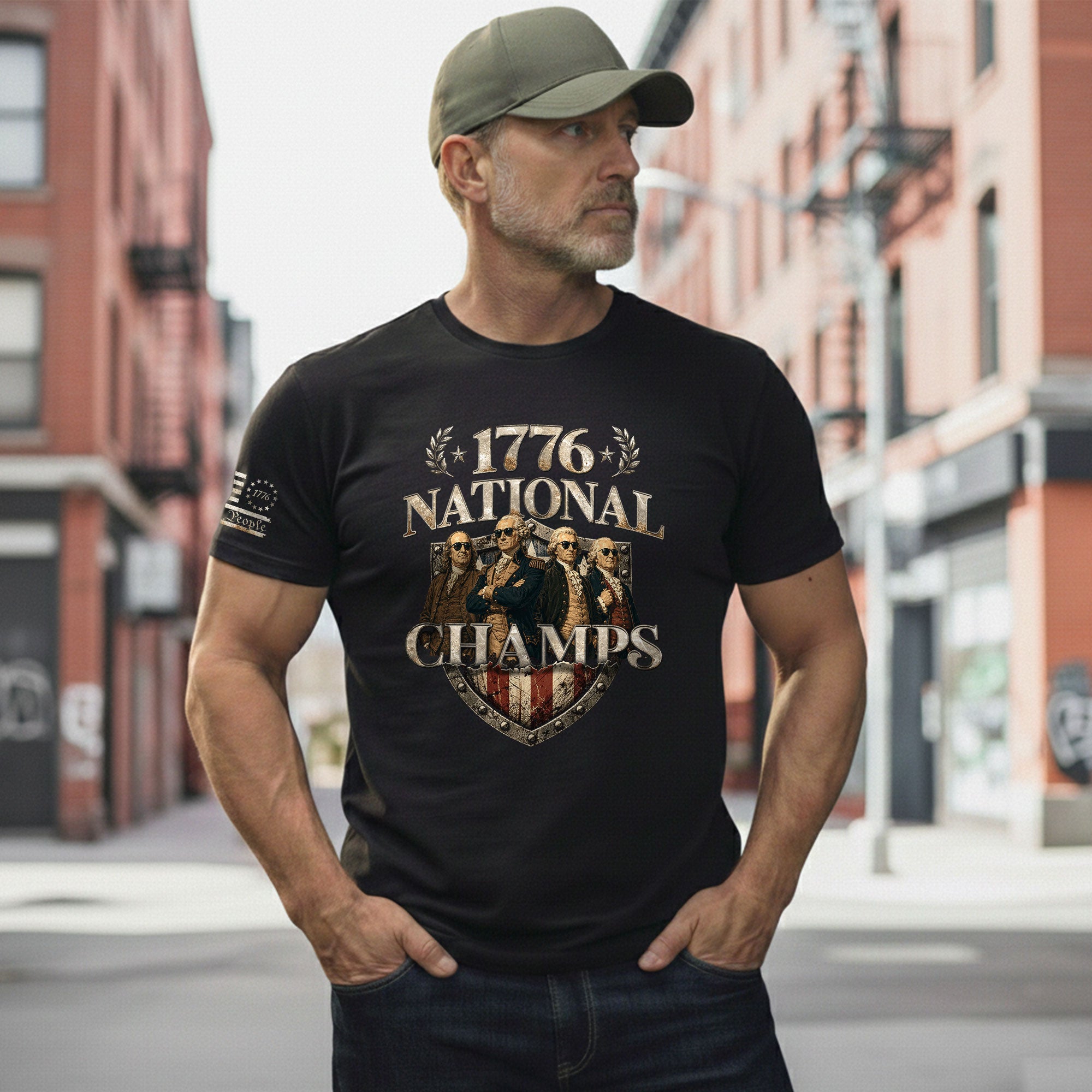 1776 National Champs T-Shirt Shield US Founding Fathers Patriotic 4th of July Graphic Tee - Rust Field Wear