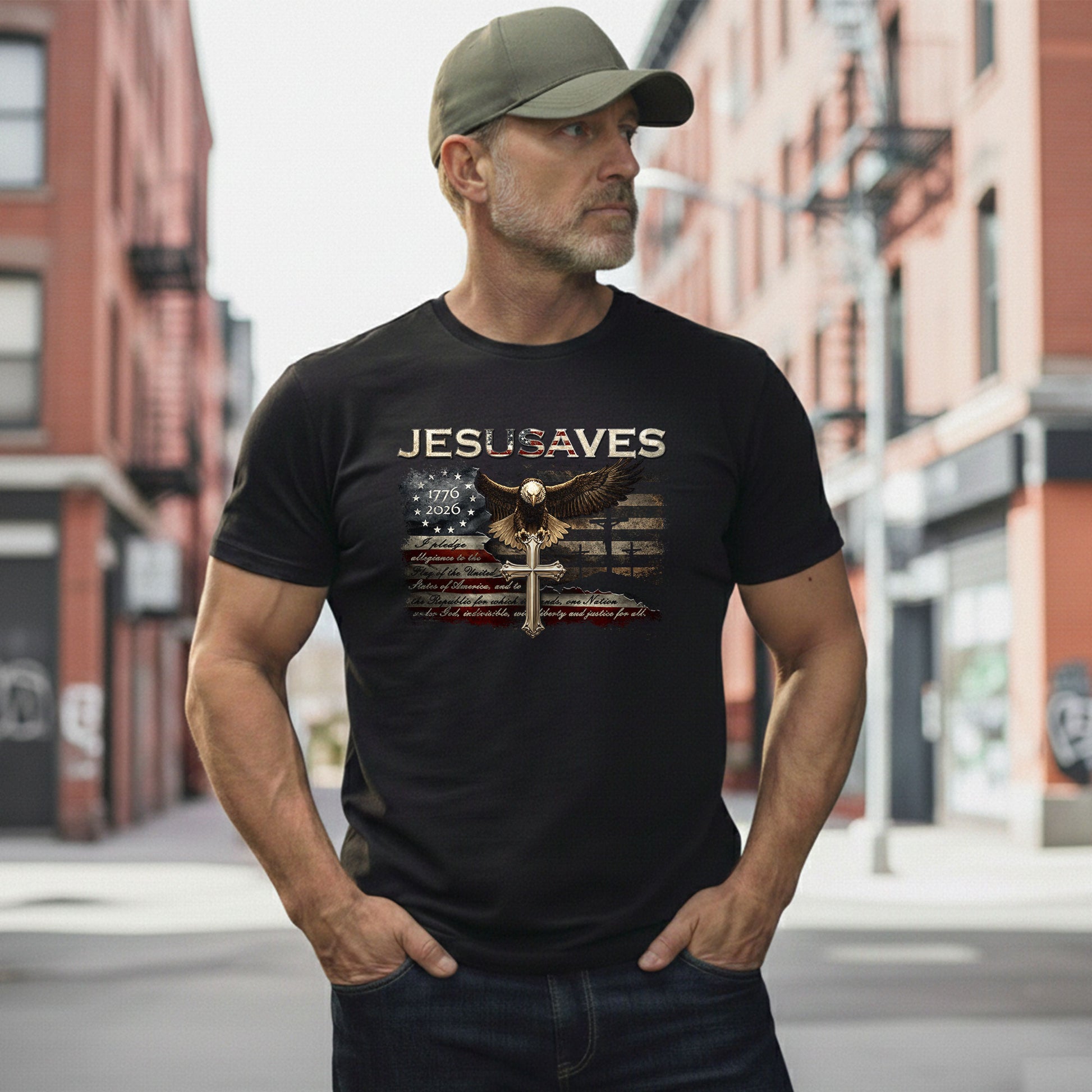 JESUSAVES Graphic T Shirt Patriotic American Eagle Cross Religious Faith Apparel - Rust Field Wear