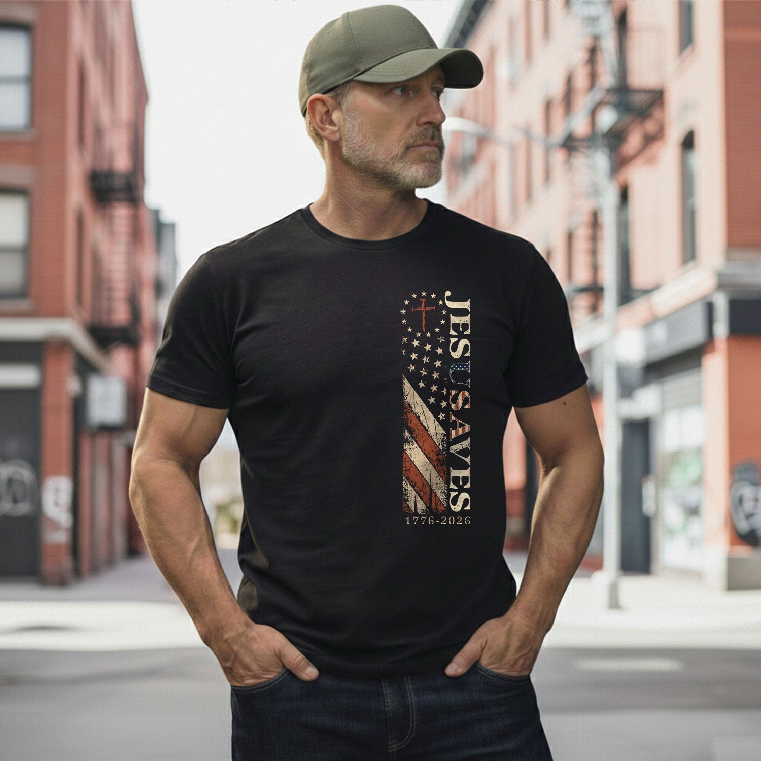 Patriotic JESUSAVES 1776-2026 Eagle T-Shirt American Flag Design - Versatile Apparel - Rust Field Wear