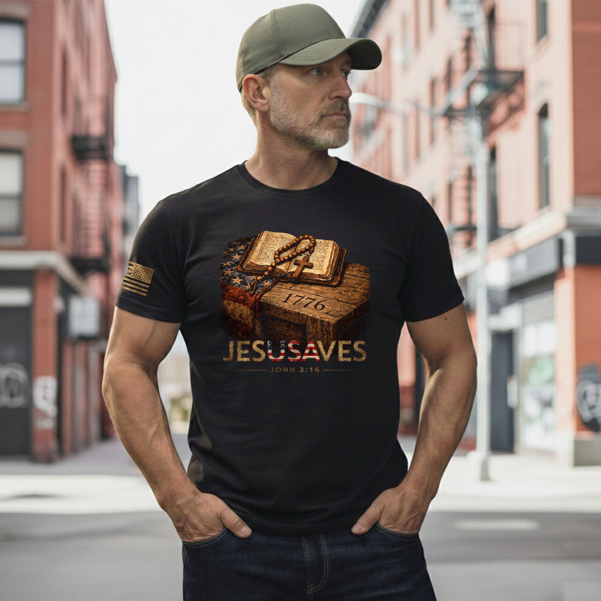 JESUSAVES 1776 Patriotic T-Shirt - Vintage American Flag Graphic Tee - Casual Apparel - Rust Field Wear