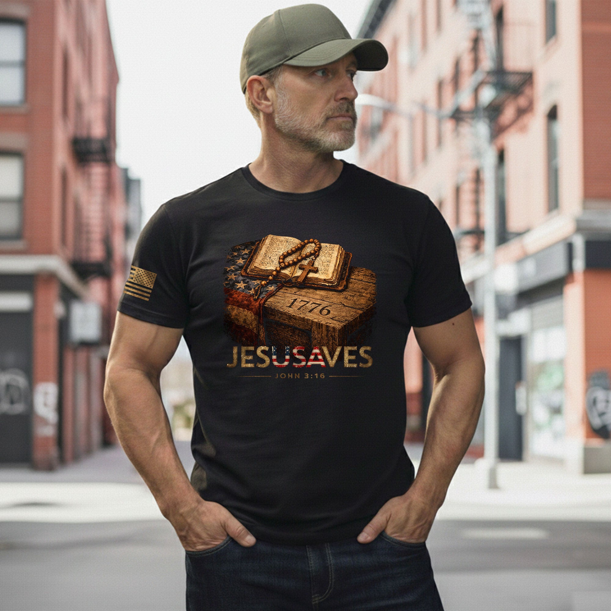 JESUSAVES 1776 Patriotic T-Shirt - Vintage American Flag Graphic Tee - Casual Apparel - Rust Field Wear