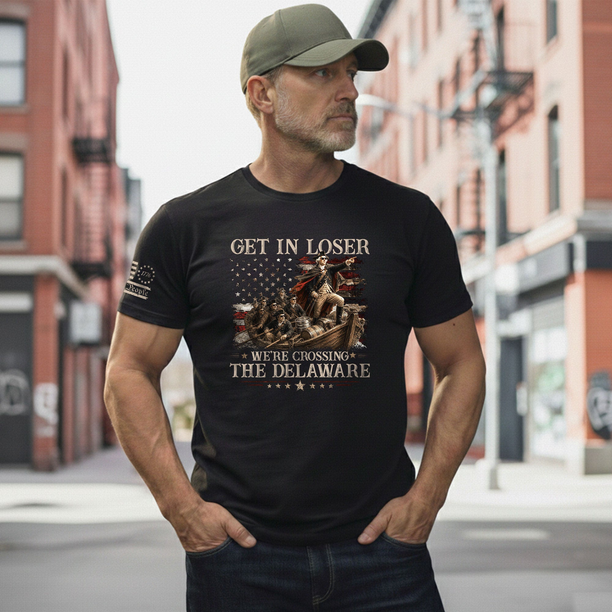 The Delaware Crossing Humorous Tee - Patriotic George Washington Cotton Graphic Apparel - Rust Field Wear