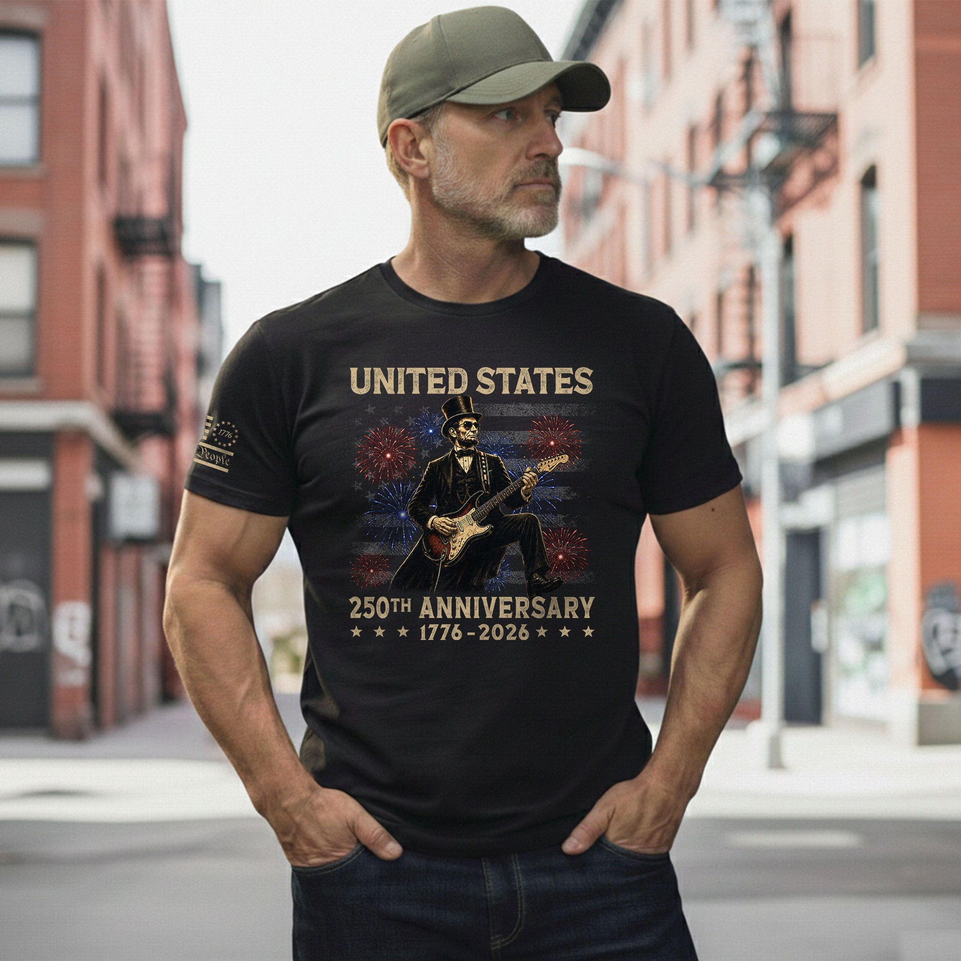 Patriotic Lincoln Electric Guitar T-Shirt 1776 2026 Vintage US Flag Tee Retro Print - Rust Field Wear