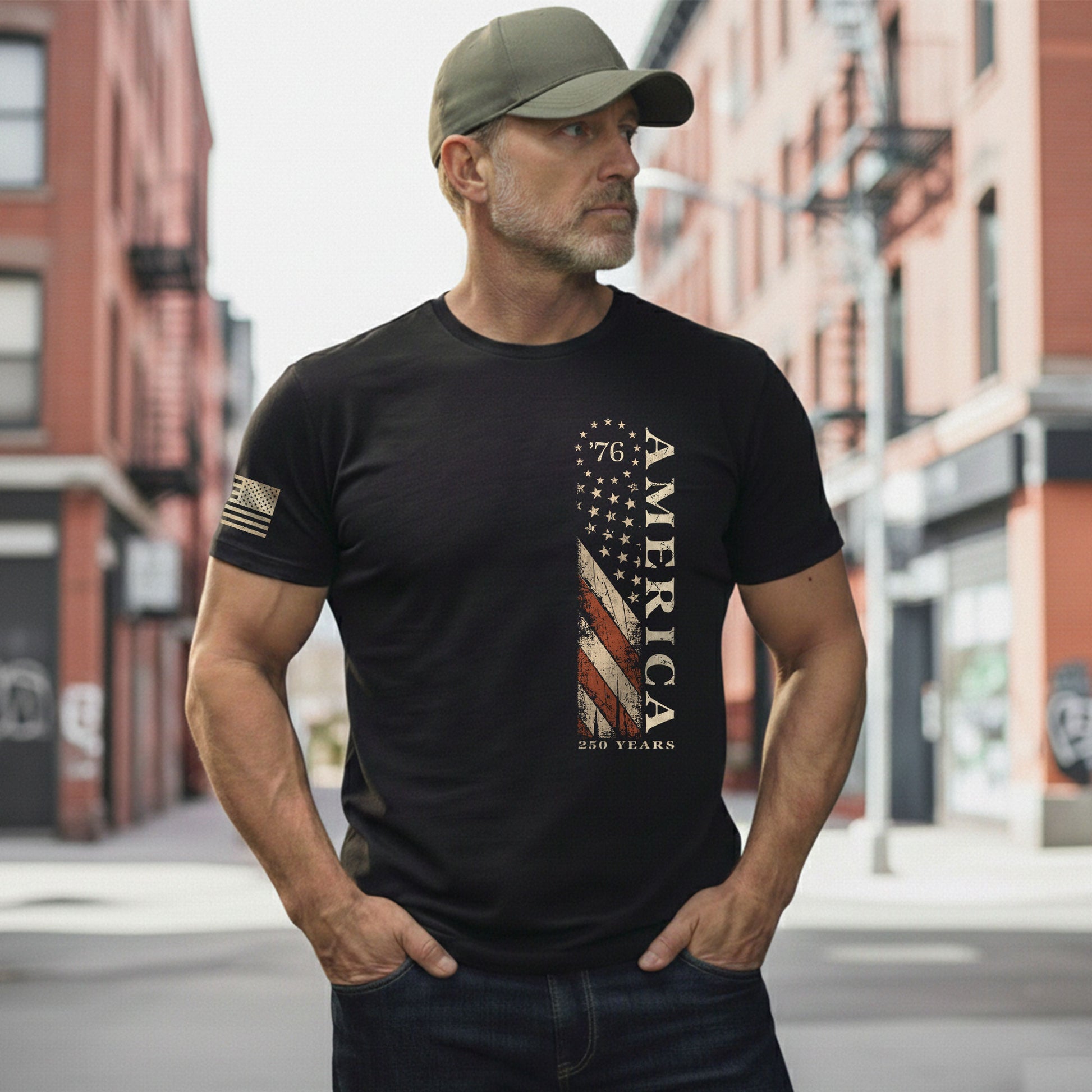 Vertical Flag America 76 T-Shirt Patriotic Vintage Style Graphic Tee Casual Shirt - Rust Field Wear