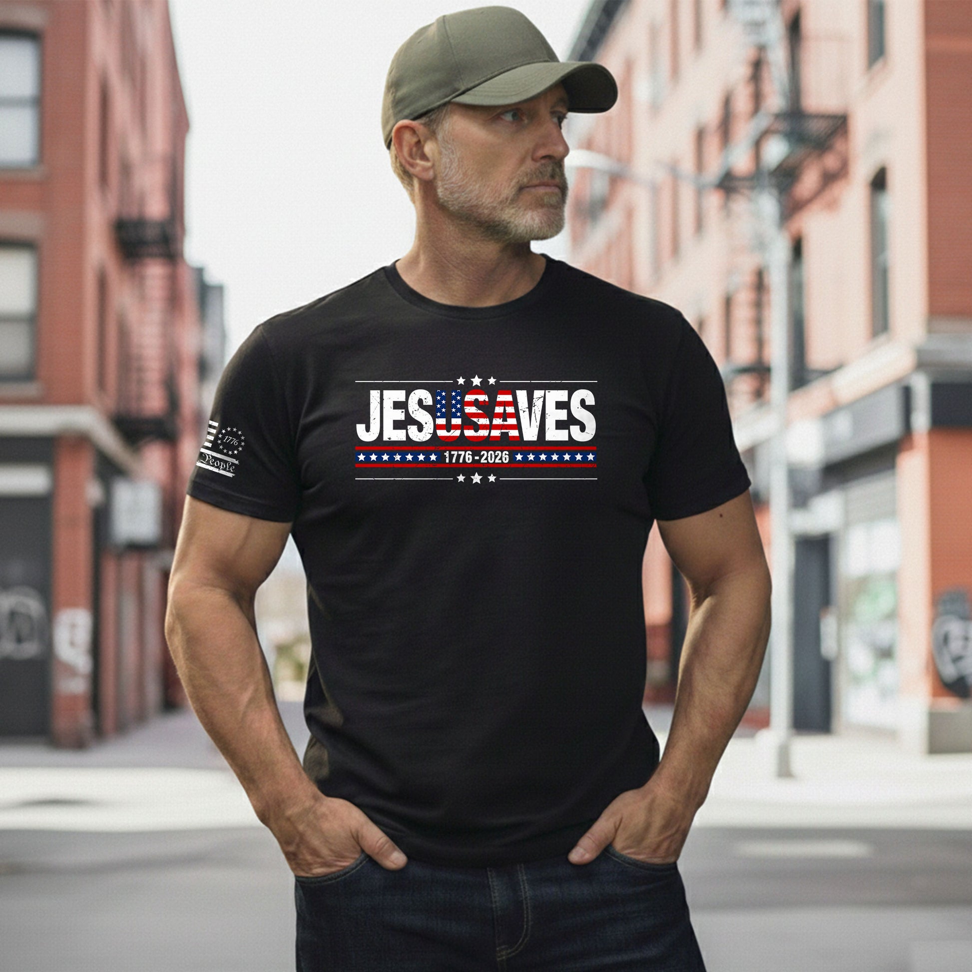 JESUSAVES T-Shirt USA Flag Patriotic 1776 2026 We The People Men Cotton Tee Shirt - Rust Field Wear