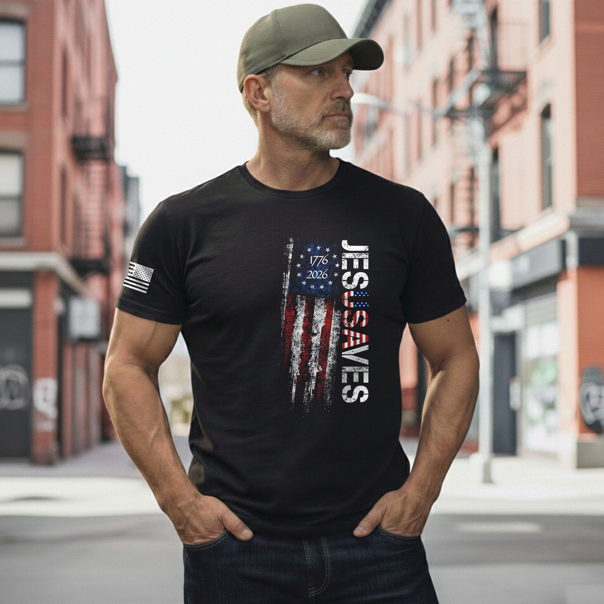 JESUSAVES T-Shirt USA Flag Patriotic 1776 2026 Betsy Ross Men Cotton Tee Shirt - Rust Field Wear