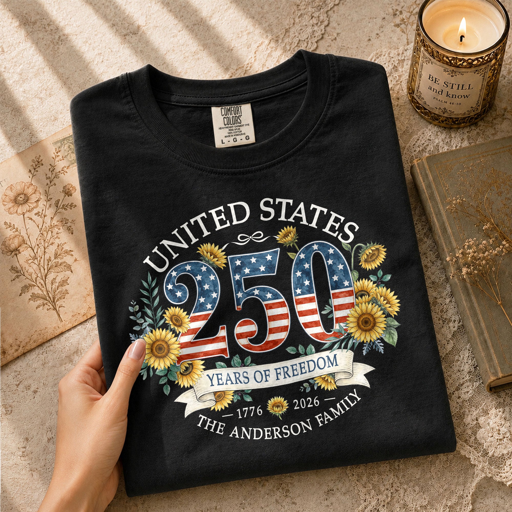 Custom Family Shirt Sunflower Navy Patriotic Flag 250th 1776 2026 4th of July Vintage Retro - Rust Field Wear