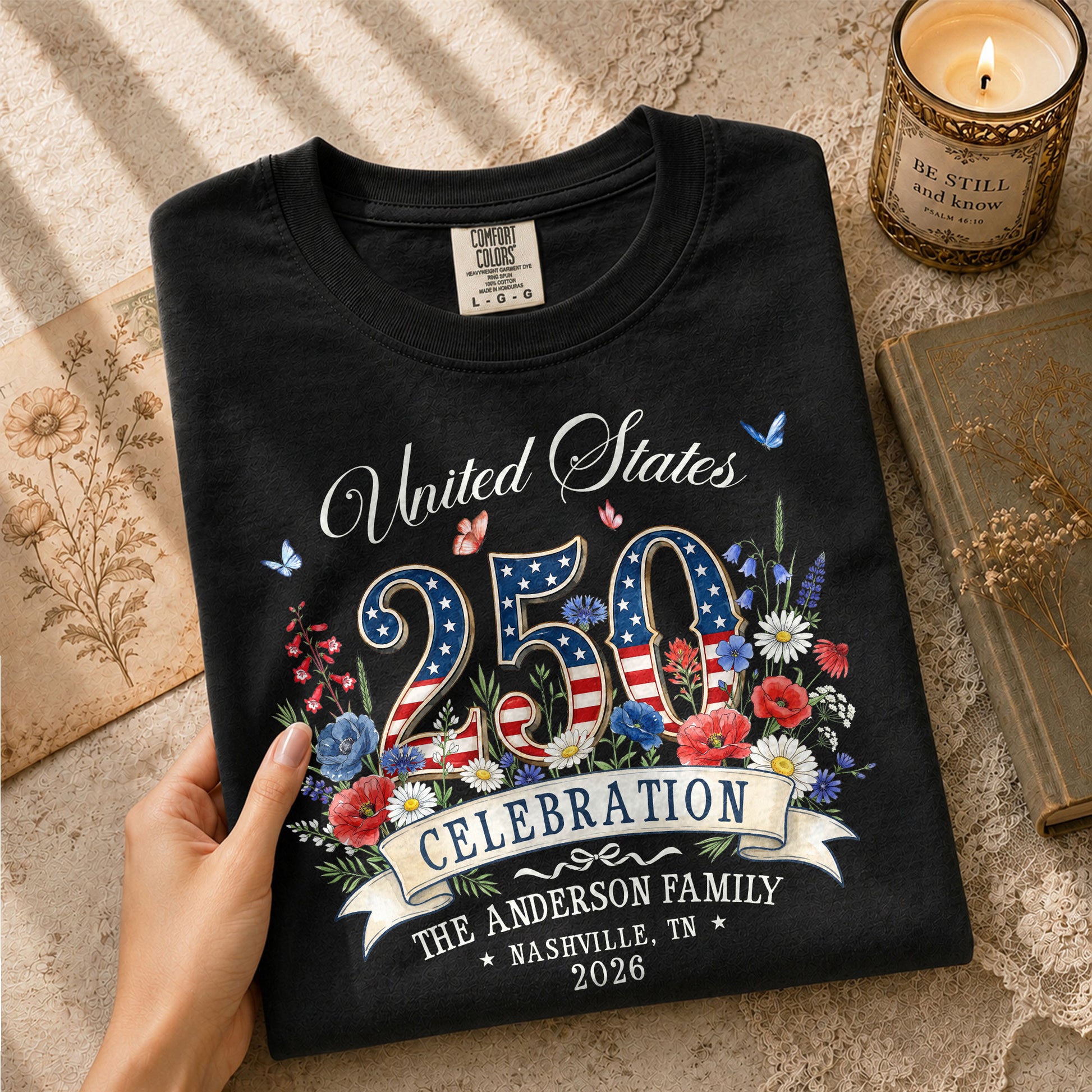 Custom Family Shirt United States Celebration 2026 250th Navy Patriotic Wildflower Graphic - Rust Field Wear