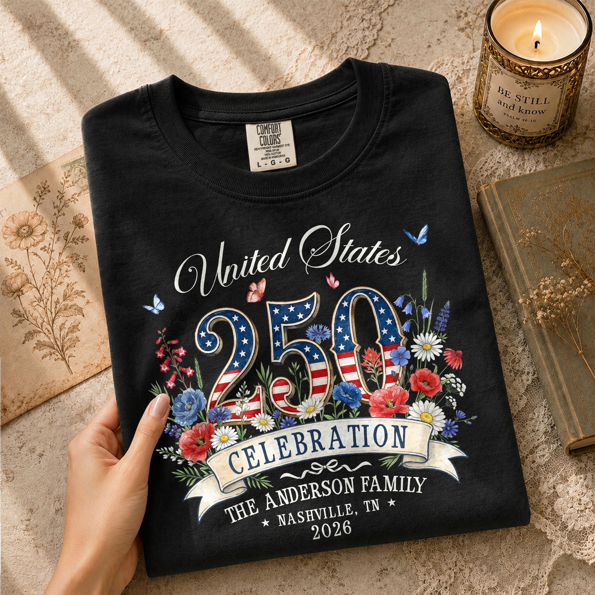 Custom Family Shirt United States Celebration 2026 250th Navy Patriotic Wildflower Graphic - Rust Field Wear
