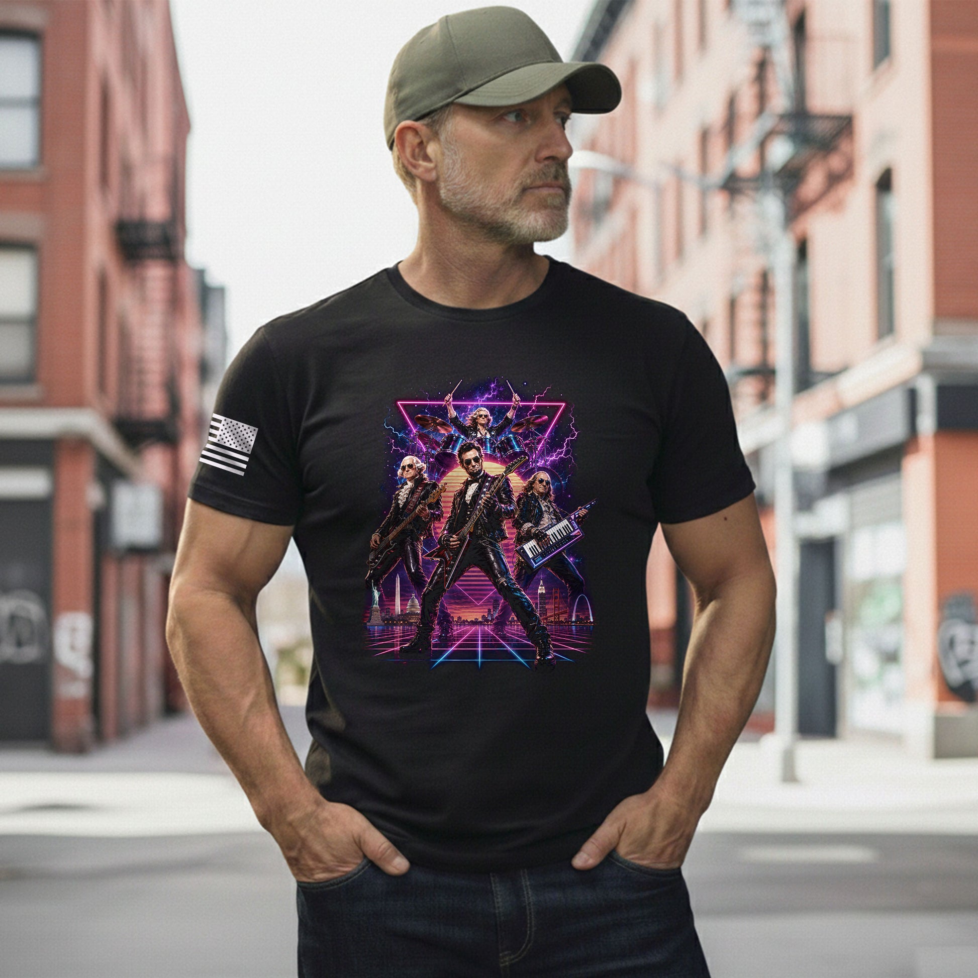 Retro Lincoln Guitar Player T-Shirt Neon Synthwave Rock Band Graphic Tee Gift - Rust Field Wear