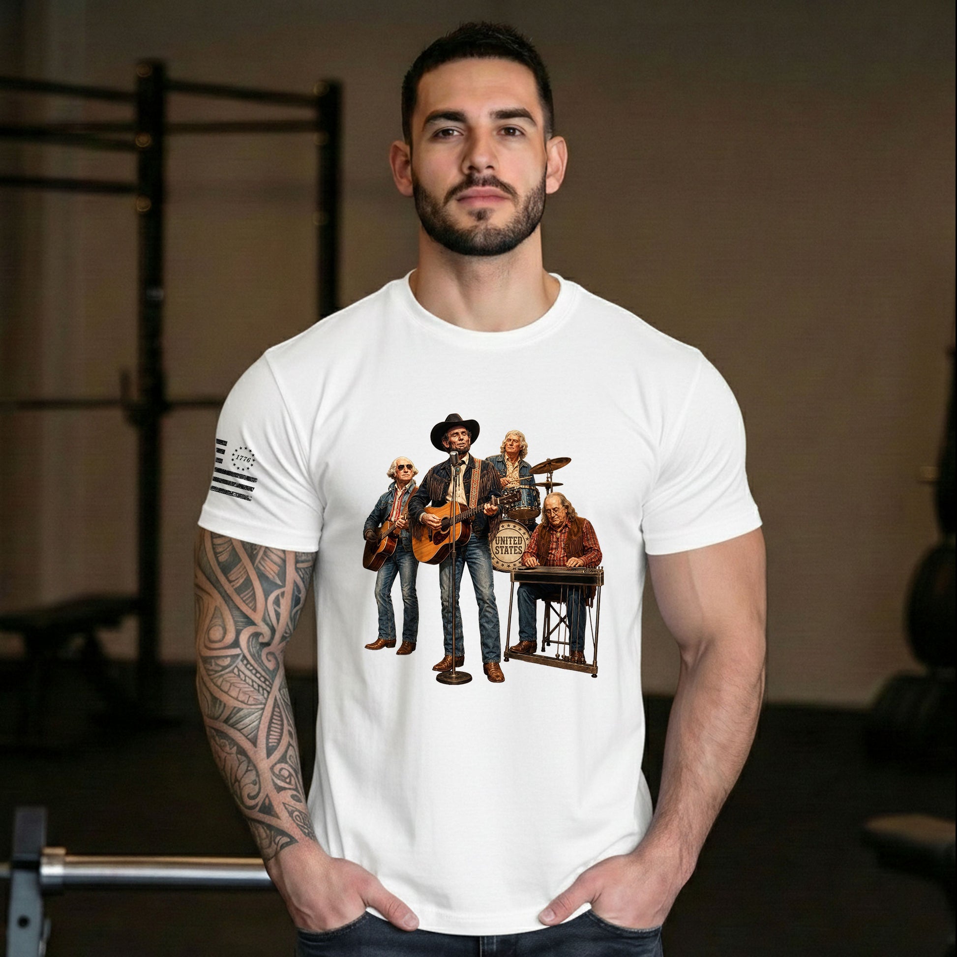 Vintage Patriotic Country Music Apparel - Founding Fathers Band Graphic Design - Rust Field Wear