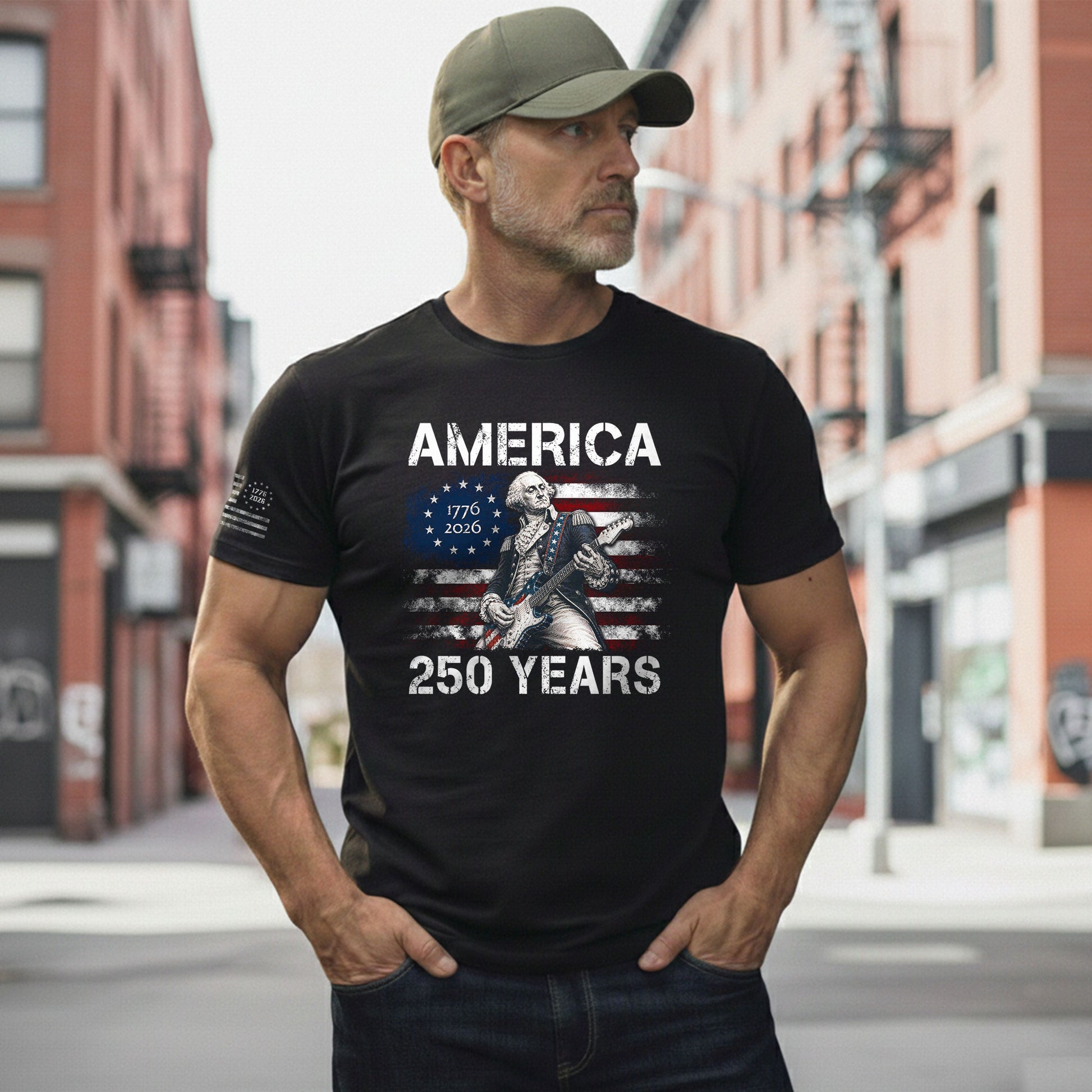 250 Years George Washington Playing Guitar Patriotic Flag Independence Shirt - Rust Field Wear
