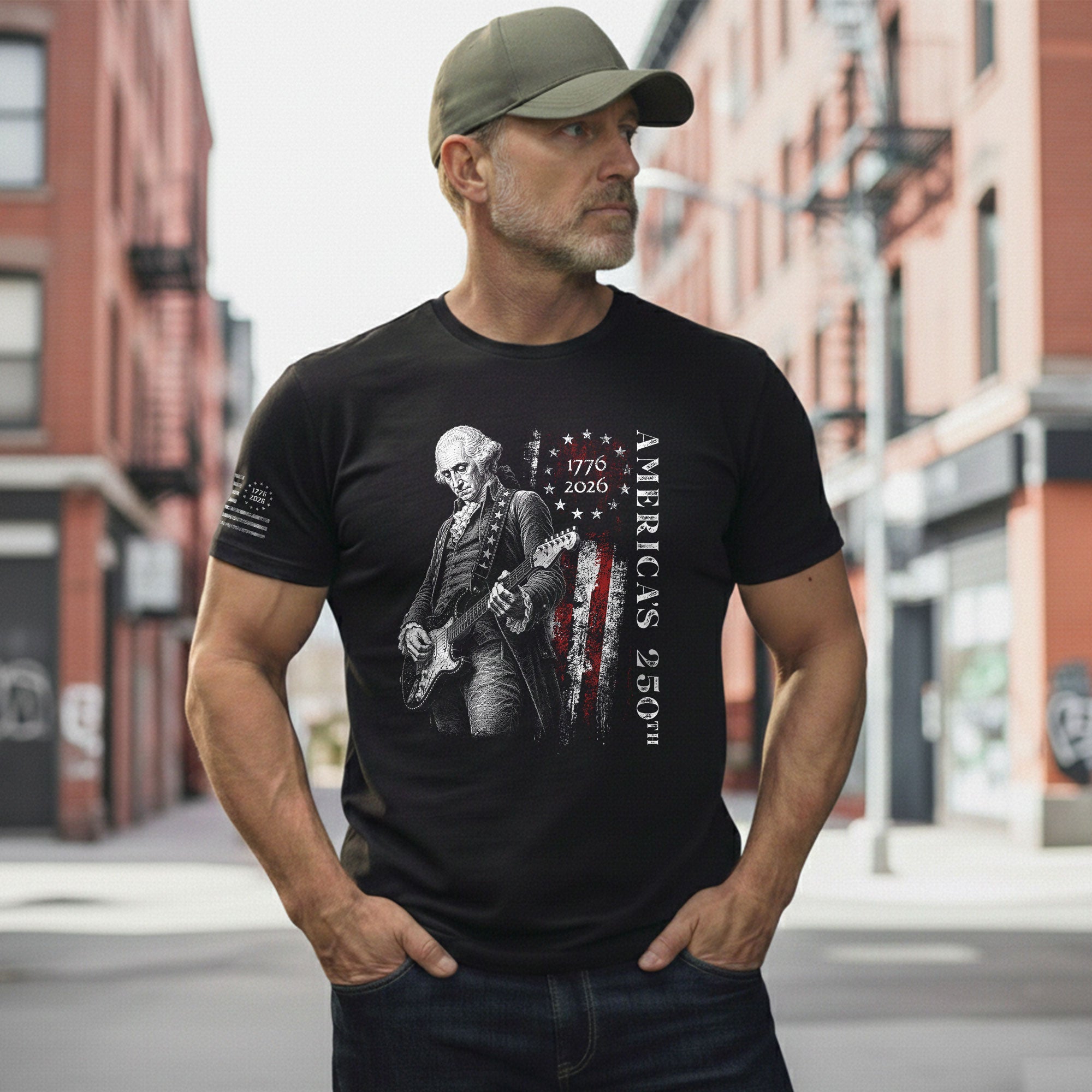 America's 250th George Washington Playing Guitar Patriotic Flag 1776-2026 T-Shirt - Rust Field Wear