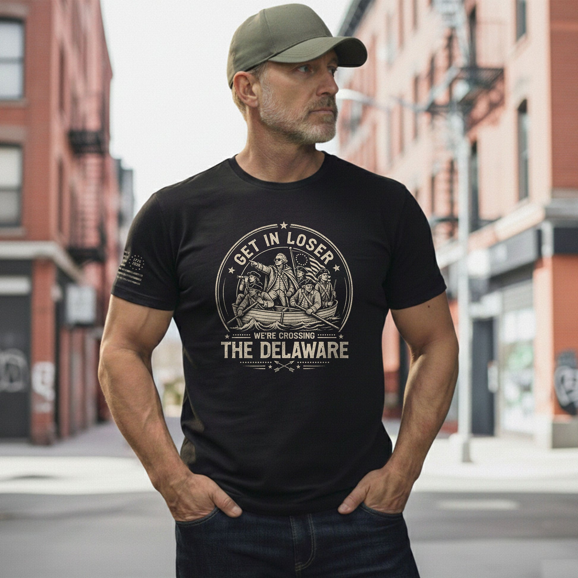 Historic River Crossing Tee - Get In Loser Washington Round Graphic Cotton Shirt - Rust Field Wear