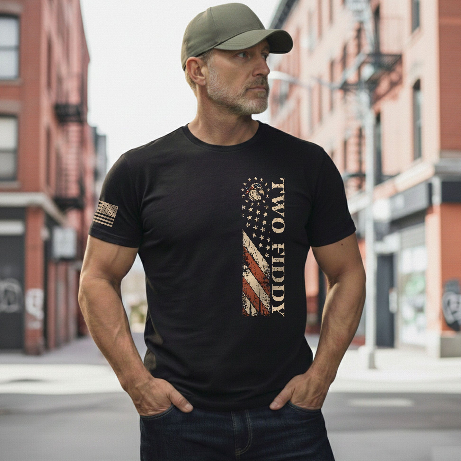 Two Fiddy Vertical Flag Graphic Tee - Minimalist Patriotic 250th Anniversary Cotton Shirt - Rust Field Wear